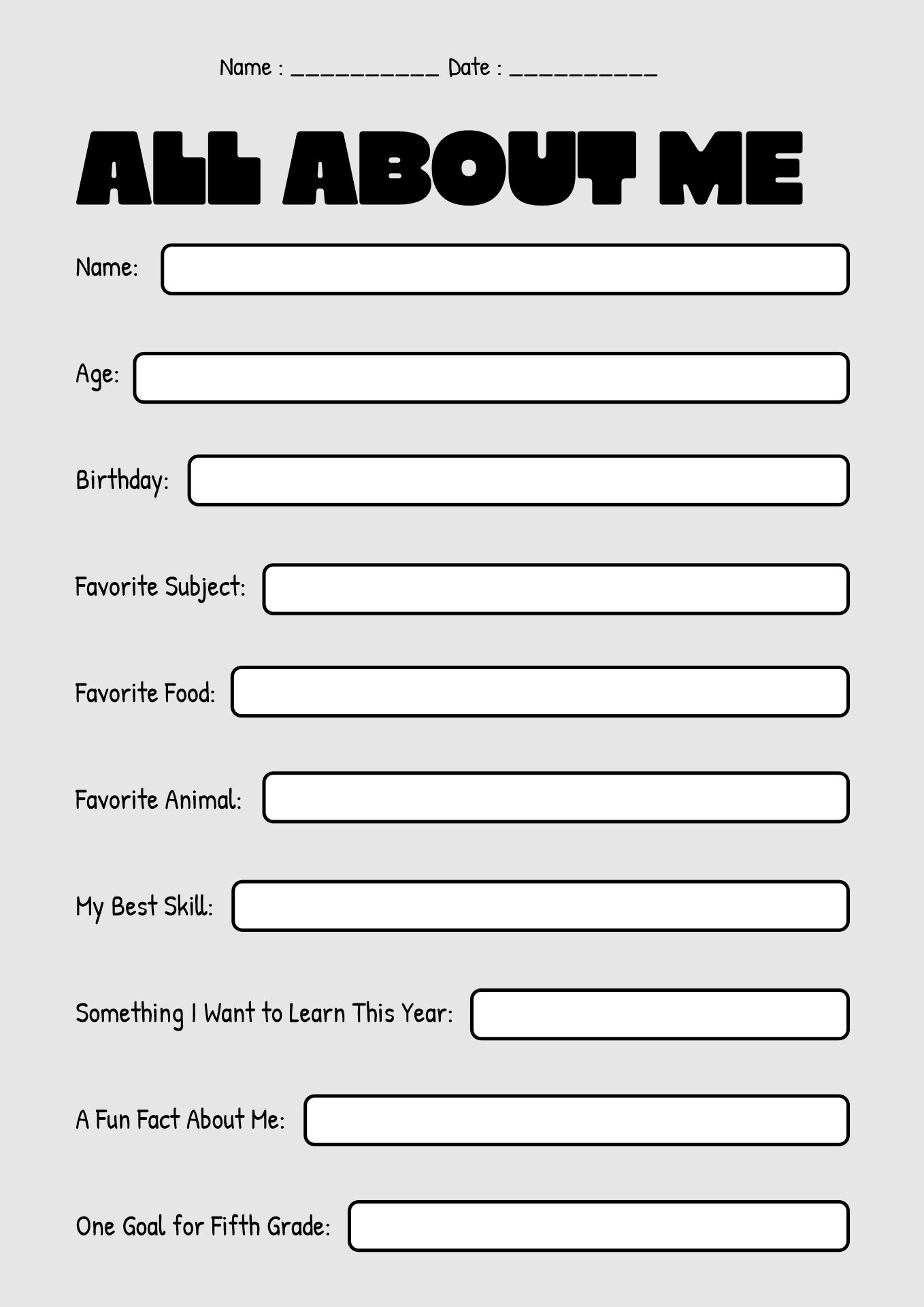 Fifth Grade First Day of School Activity Sheets