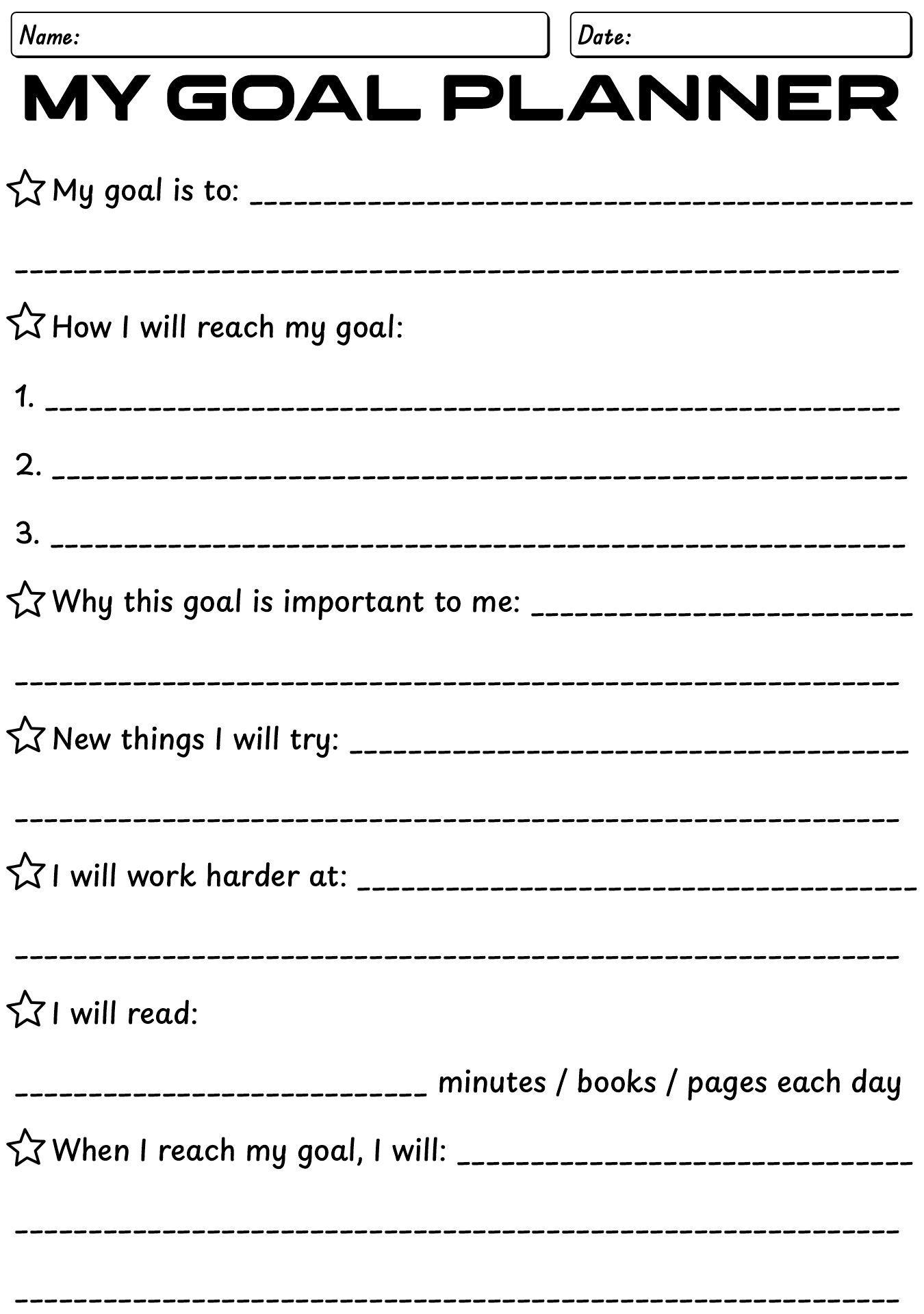 Fifth Grade School Year Goals Setting Worksheet