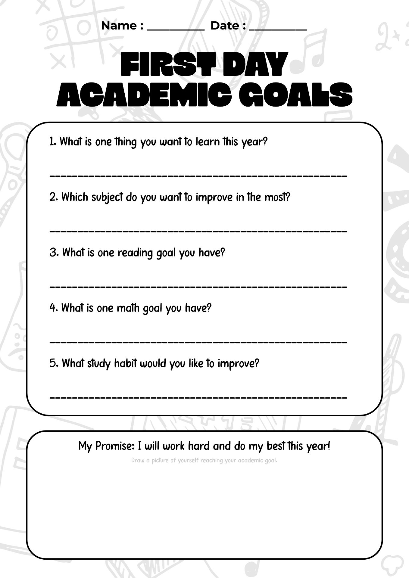 First Day Academic Goals Worksheets