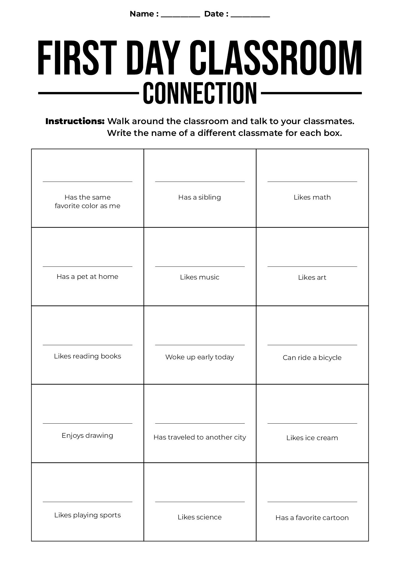 First Day Classroom Connection Worksheet
