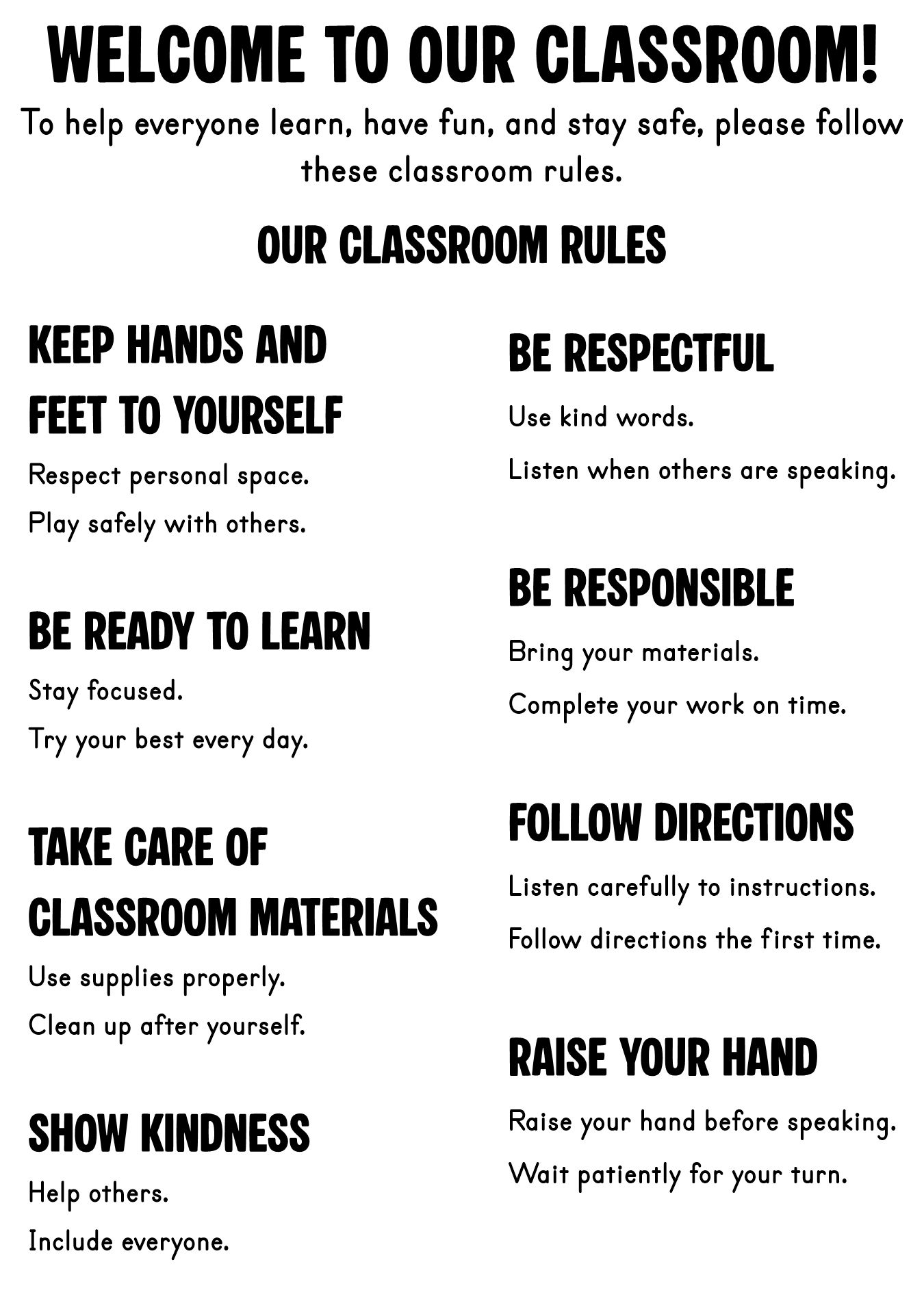 First Day Classroom Rules Handout
