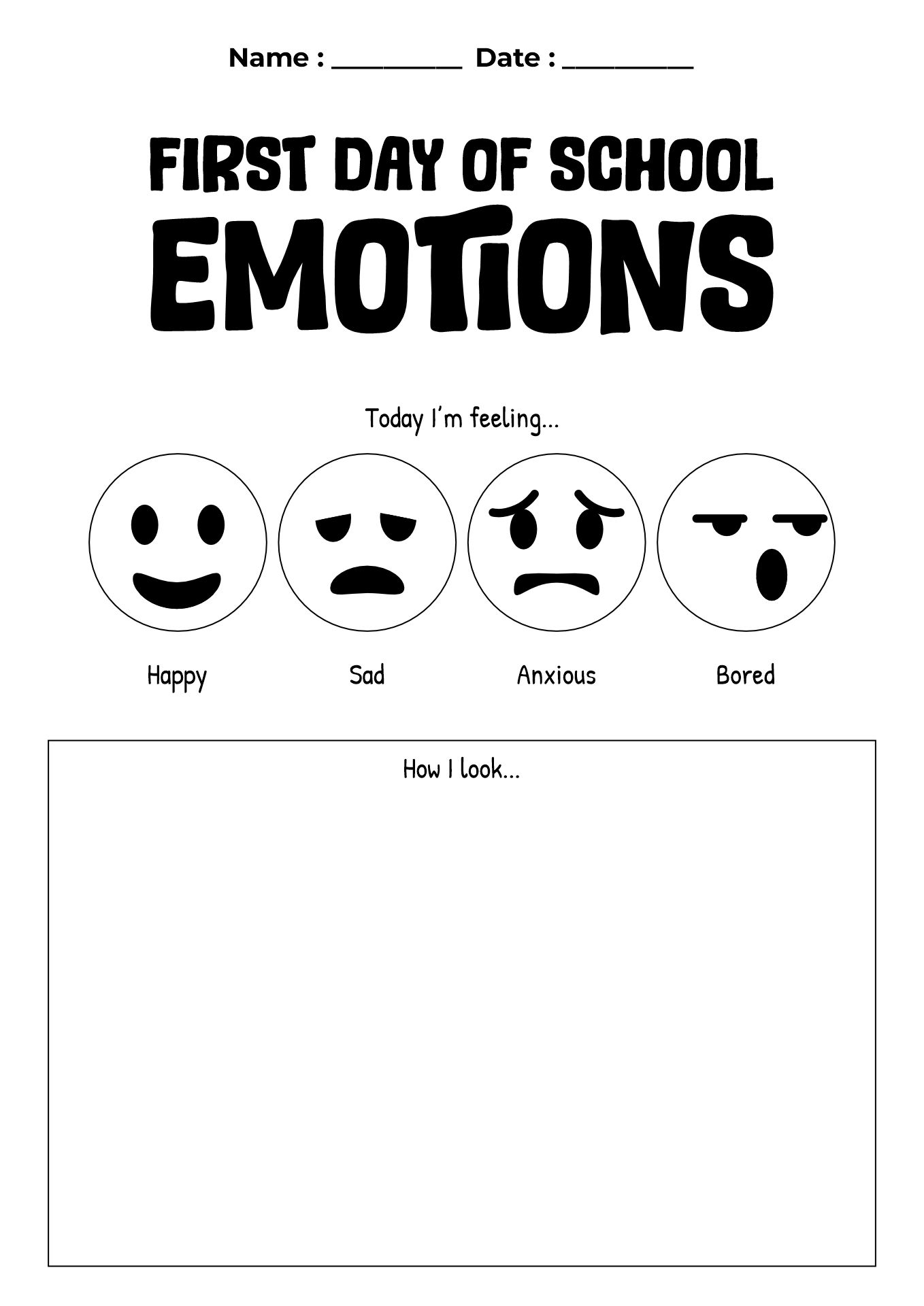 First Day Feelings Worksheet for First Graders