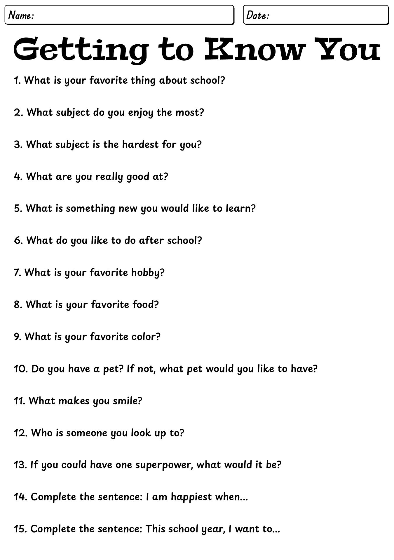First Day Getting-to-Know-You Worksheet for Students