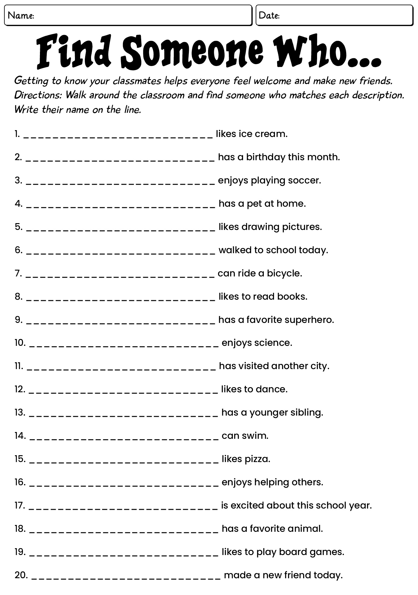 First Day Ice Breaker Worksheet