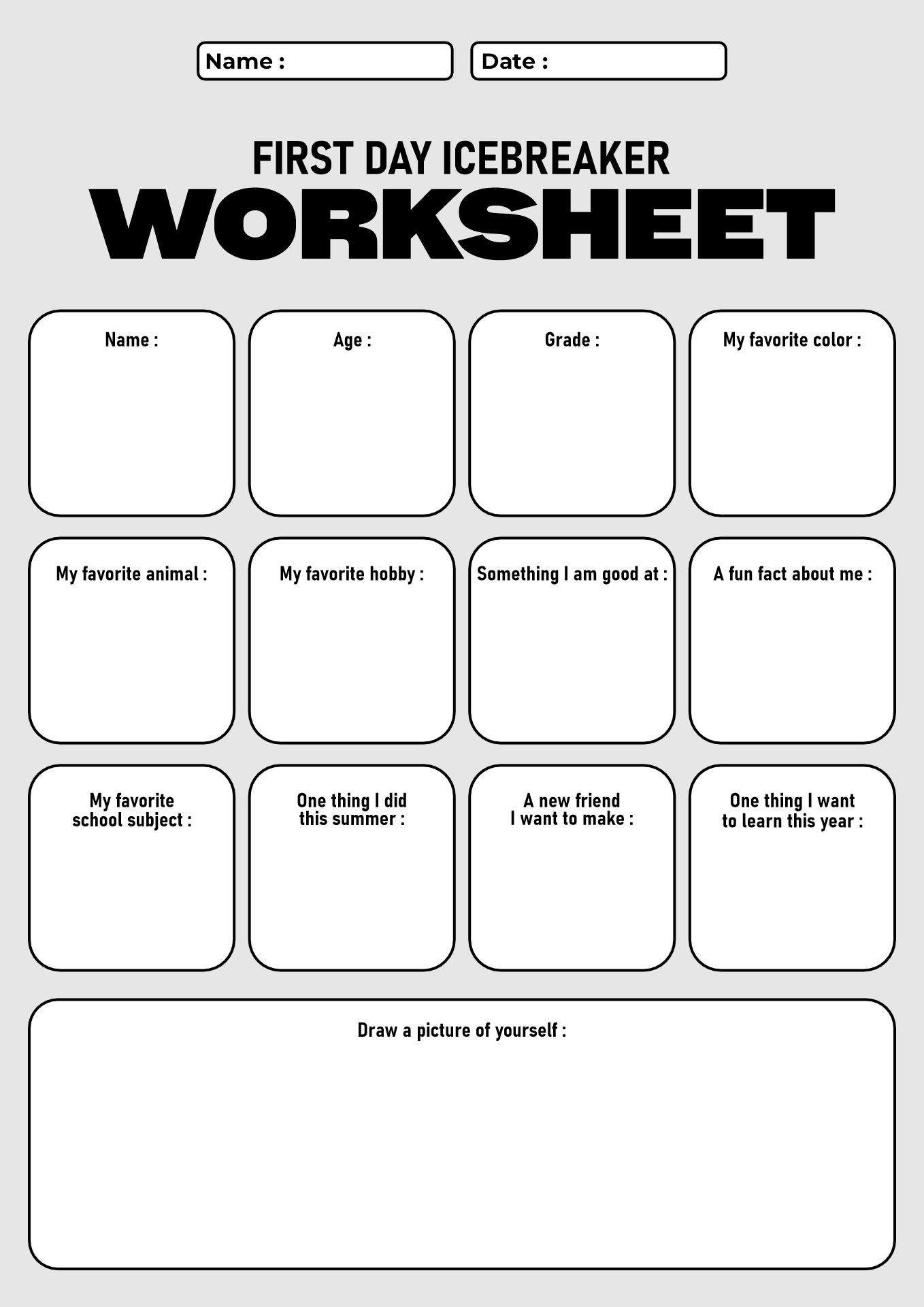 First Day Icebreaker Worksheet for Elementary Students
