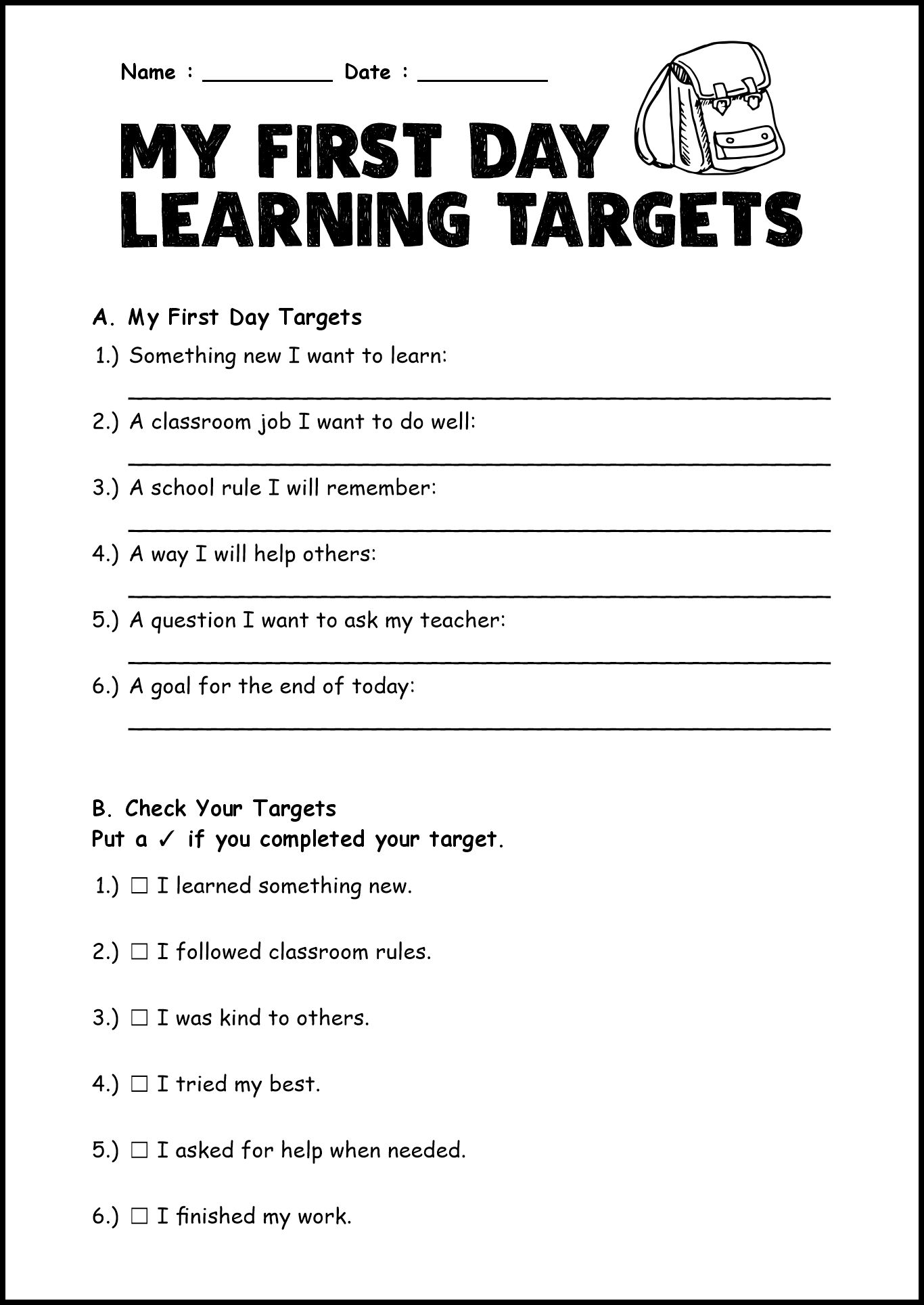 First Day Learning Targets Worksheets
