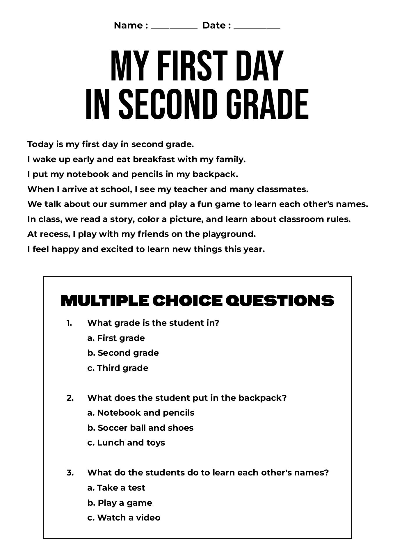 First Day of Class 2nd Grade Reading Worksheet