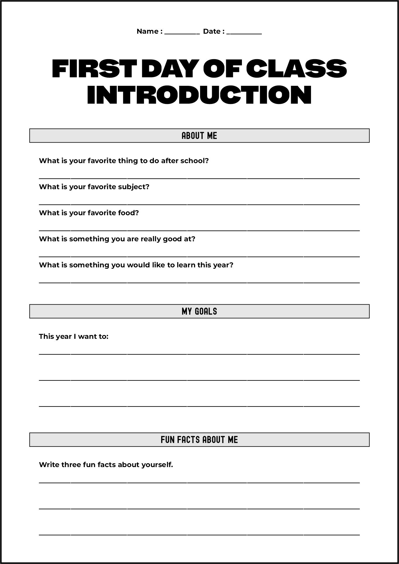 First Day of Class Introduction Worksheet