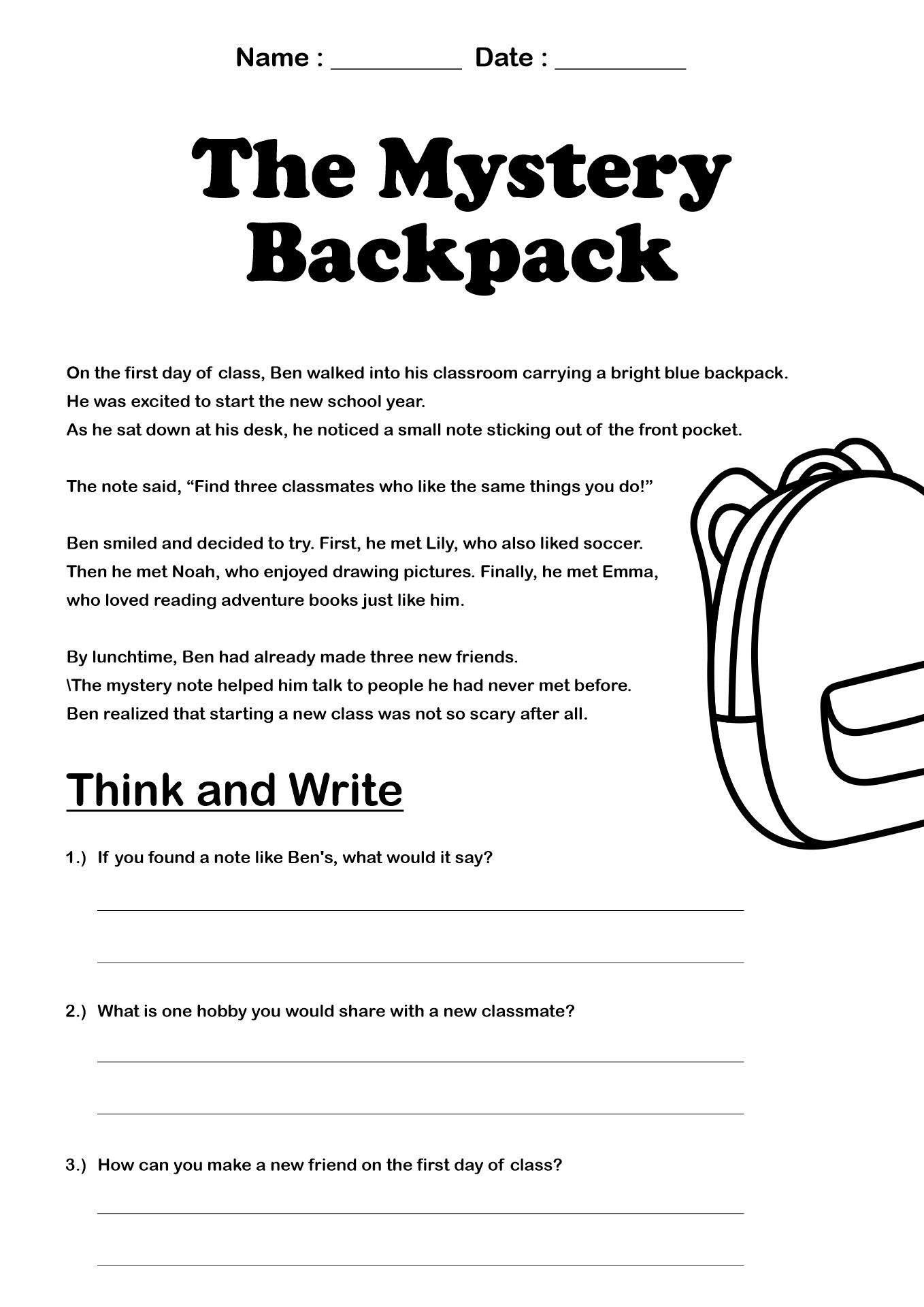 First Day of Class Reading Worksheet