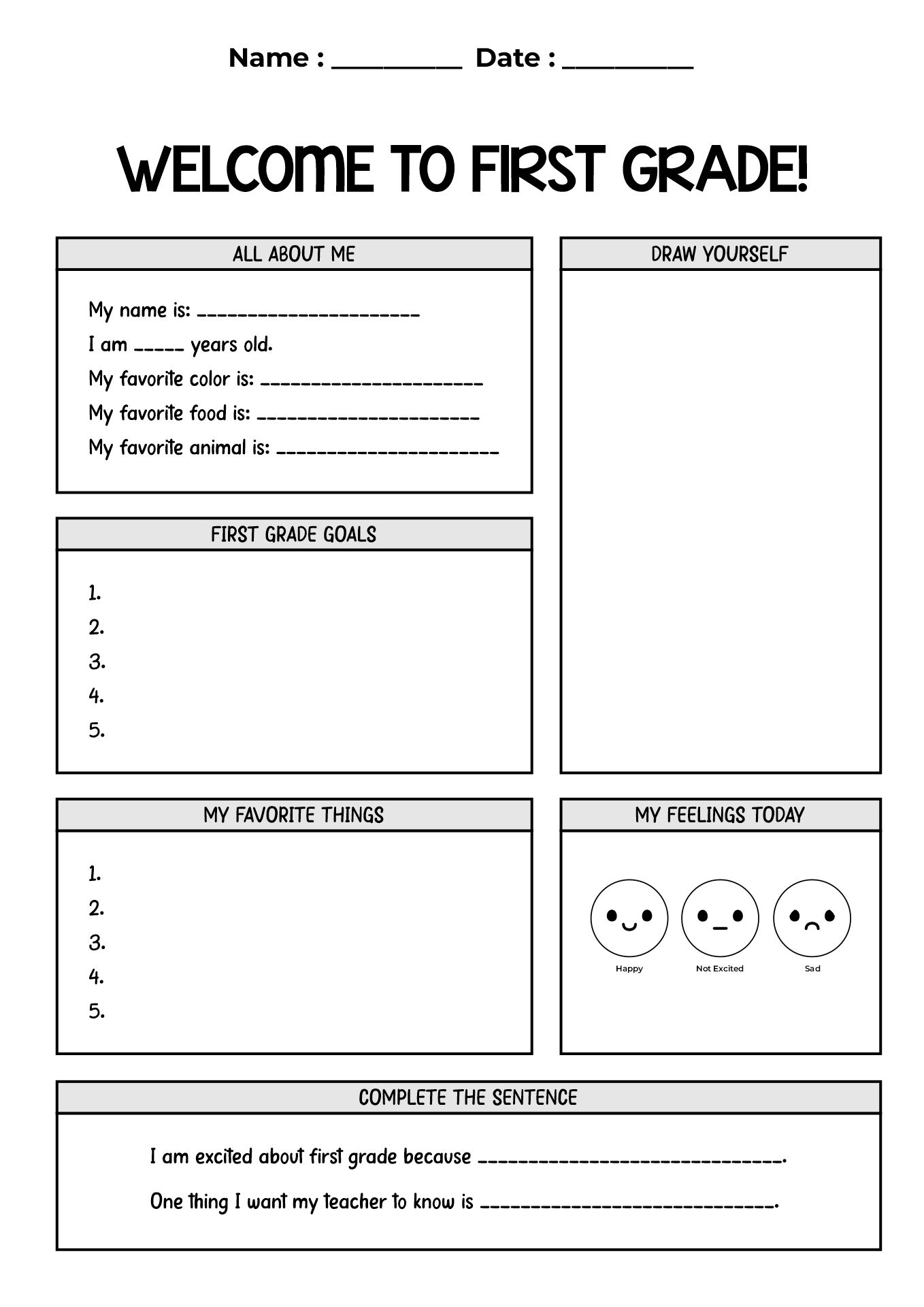 First Day of First Grade Activity Sheet