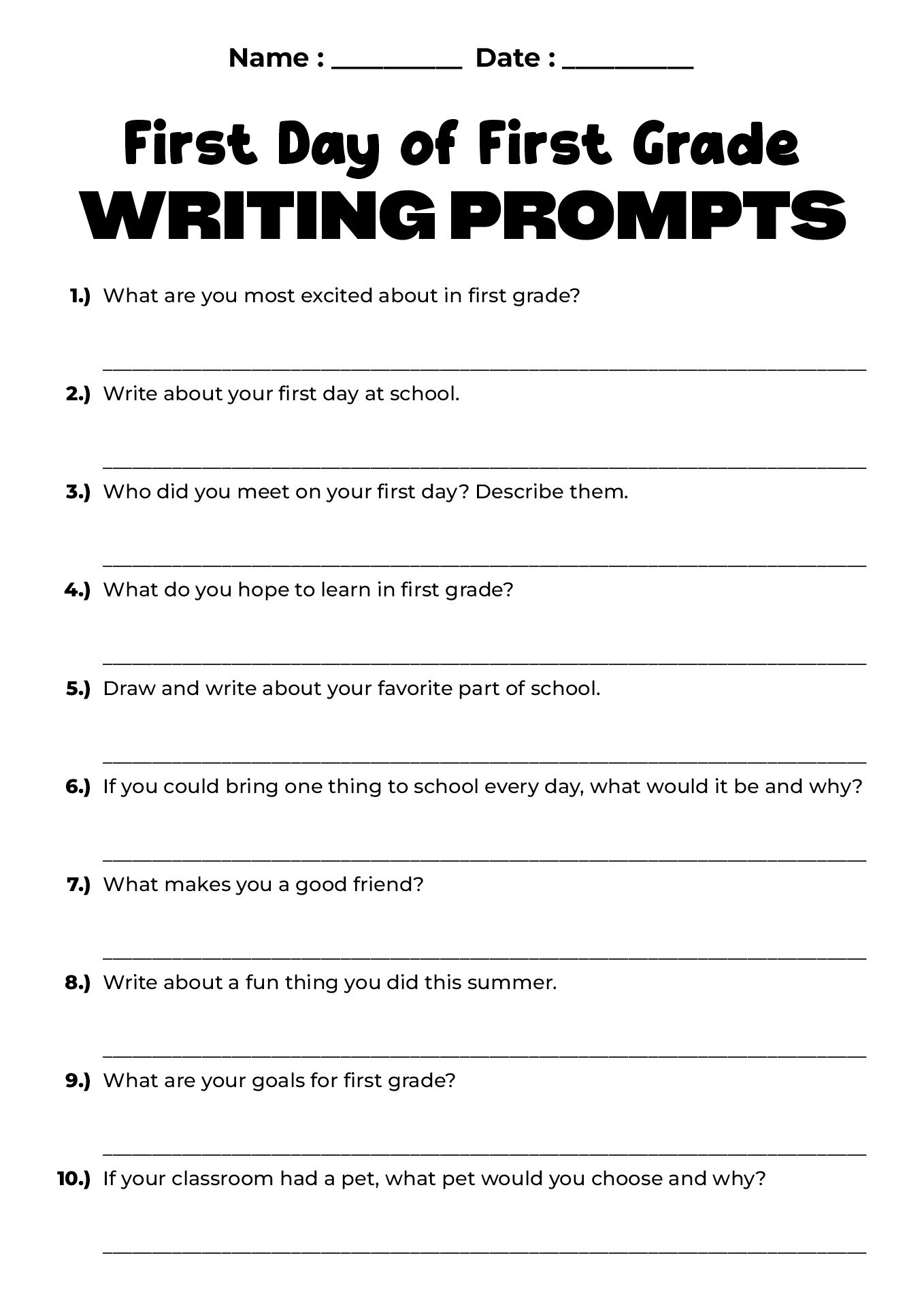First Day of First Grade Writing Prompt