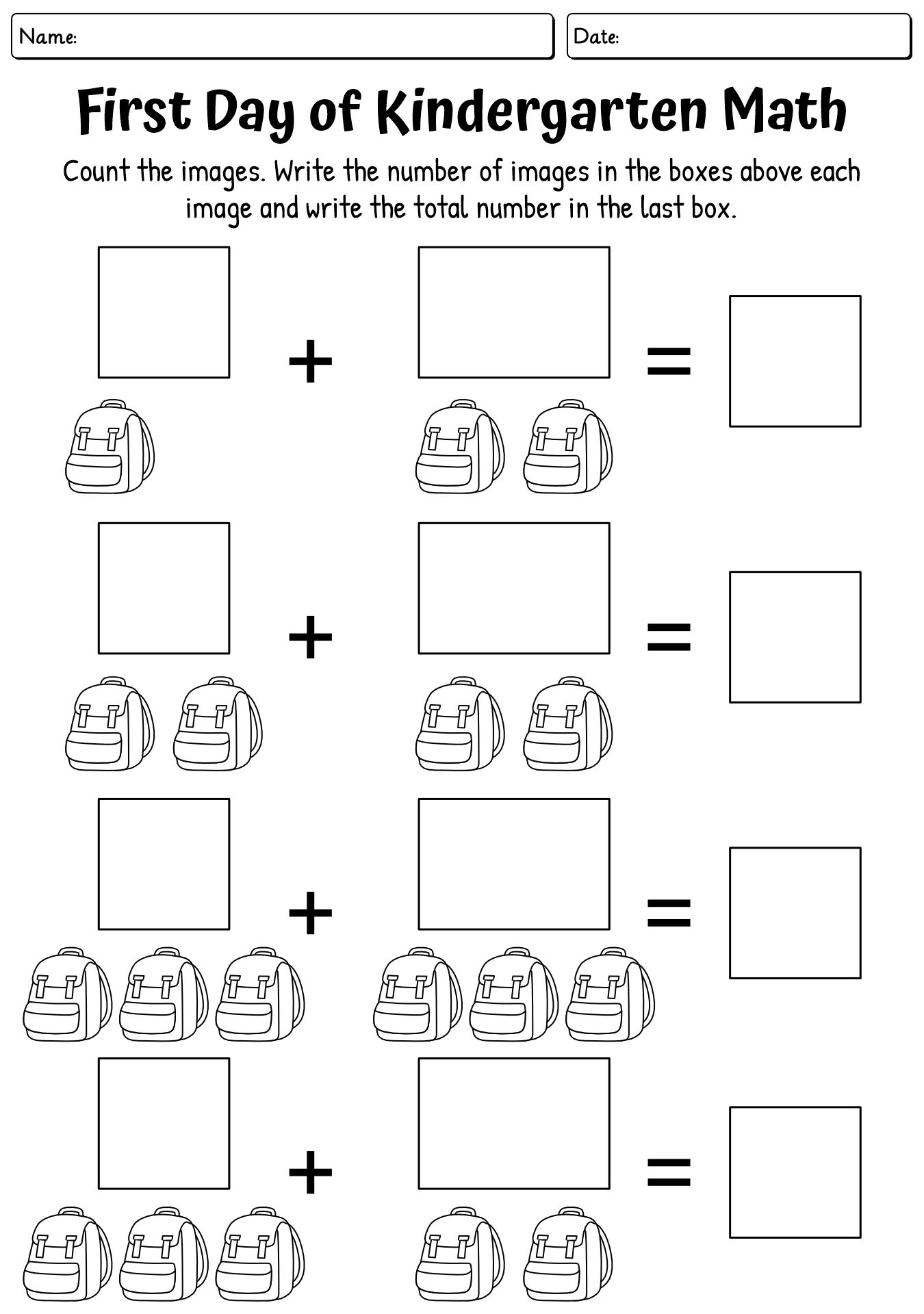 First Day of Kindergarten Math Worksheets