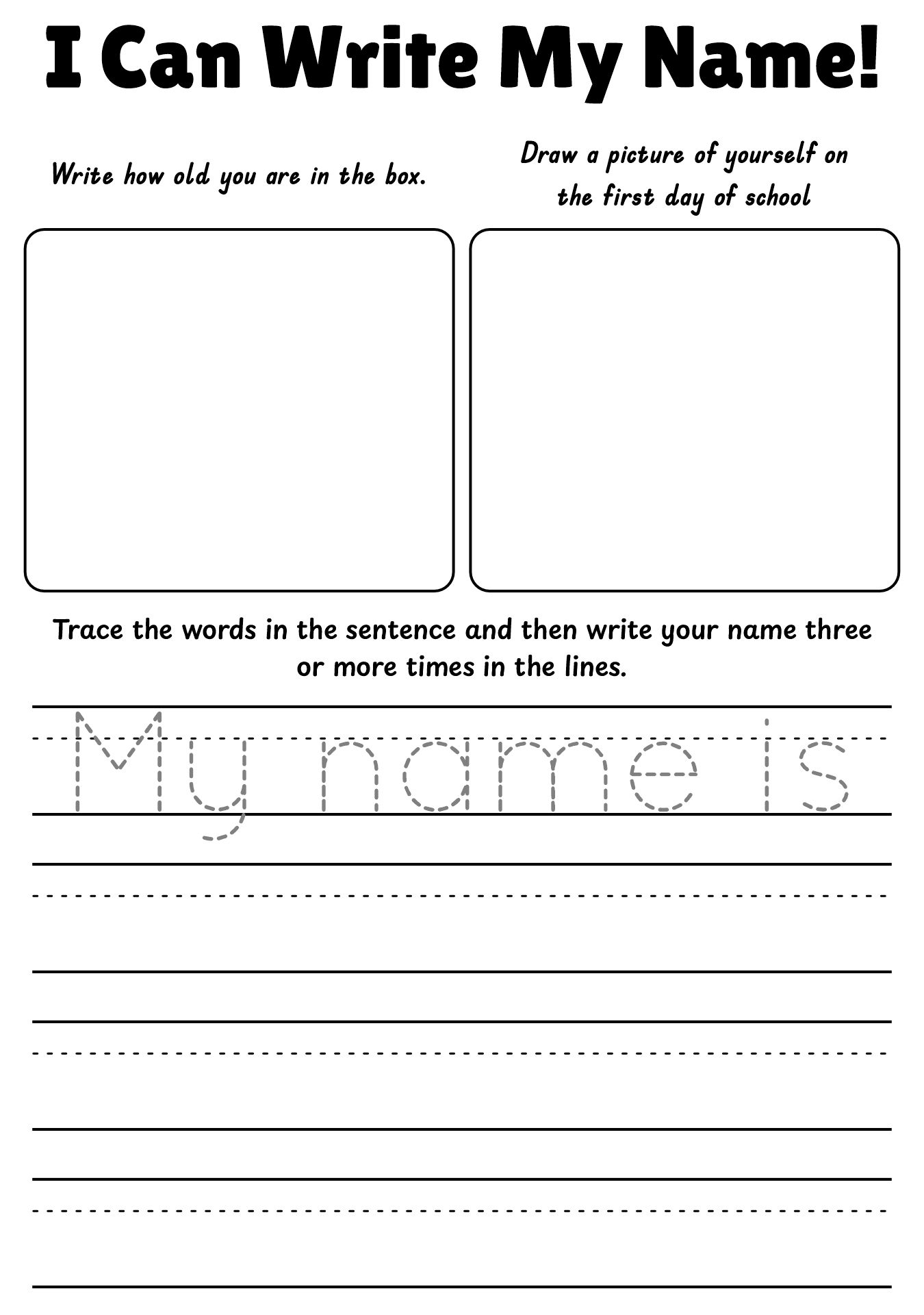 First Day of Kindergarten Writing Practice Sheets