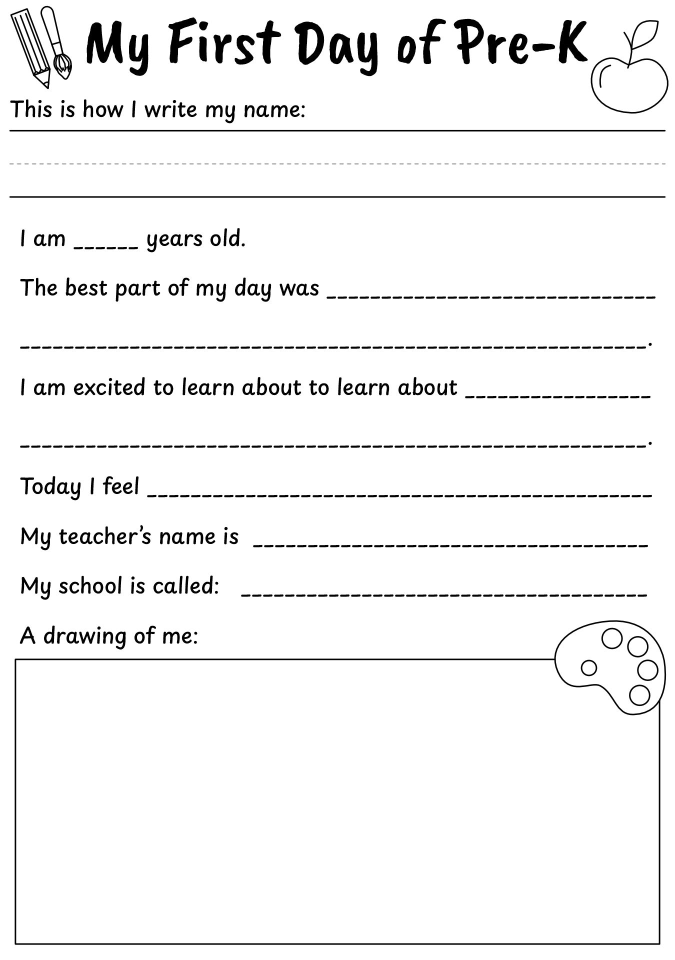 First Day Of Pre K Worksheet