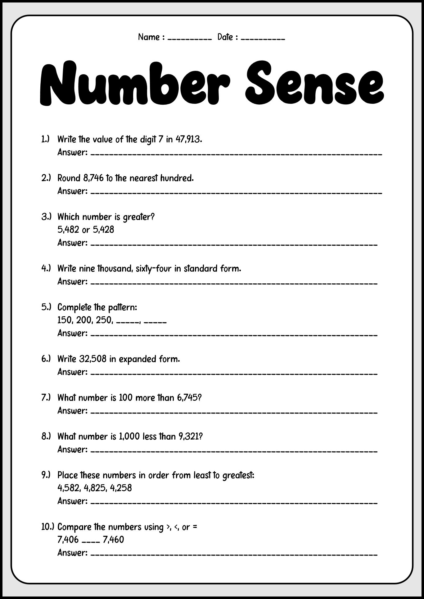 First Day of School 5th Grade Math Worksheets