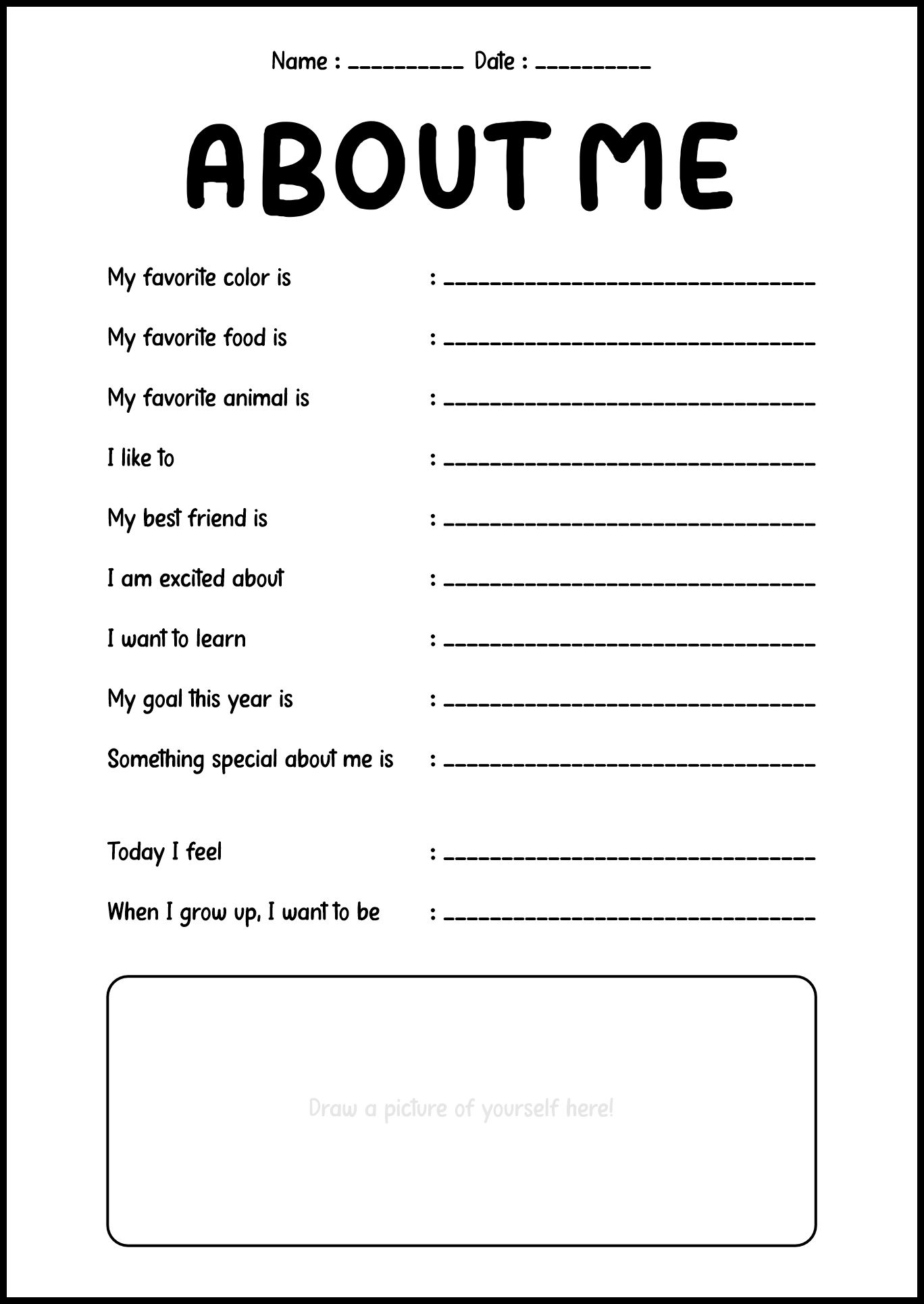 First Day of School About Me Worksheet