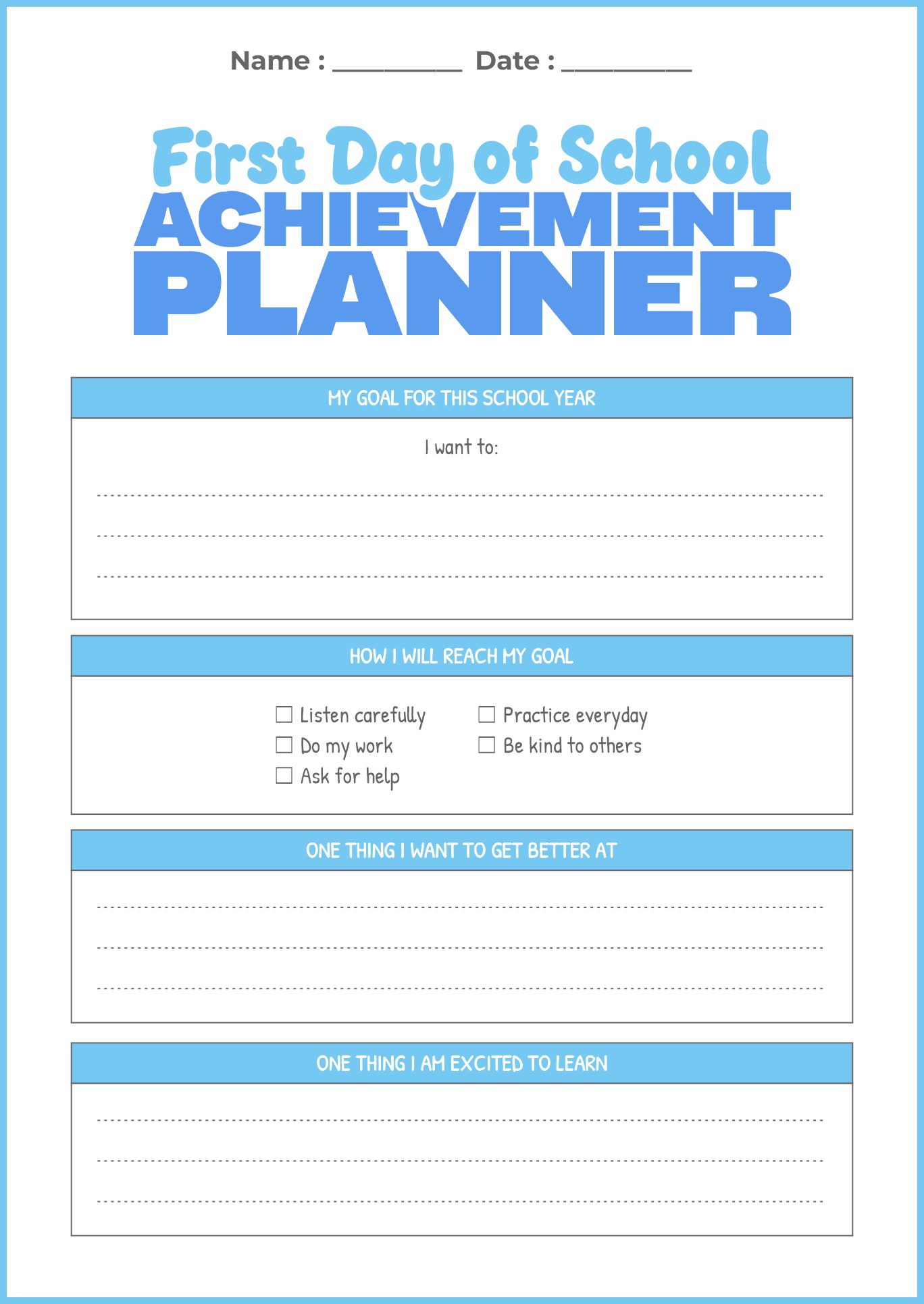 First Day of School Achievement Planner Worksheets