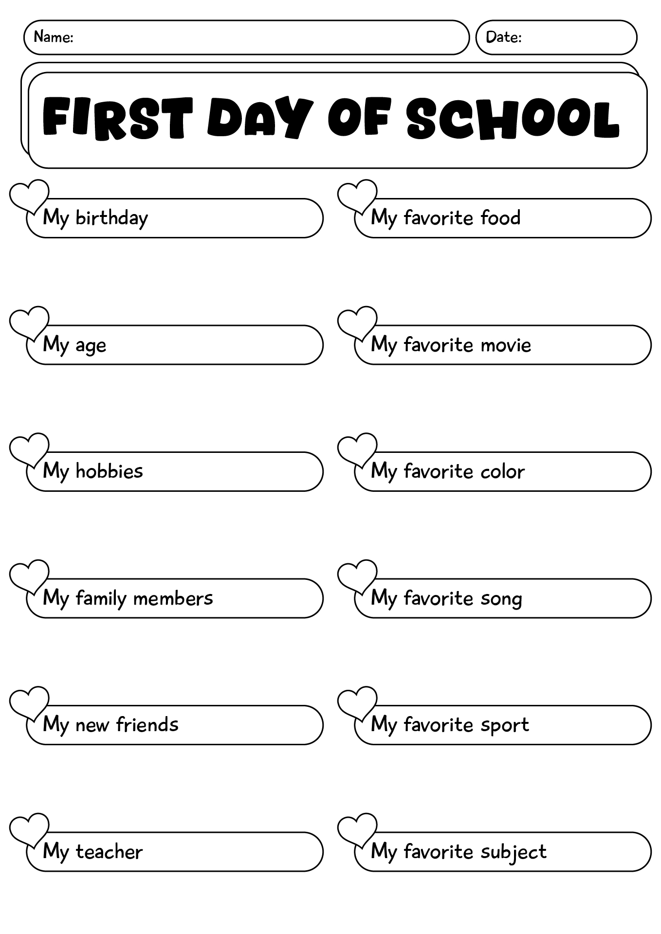 First Day Of School Activity Sheet