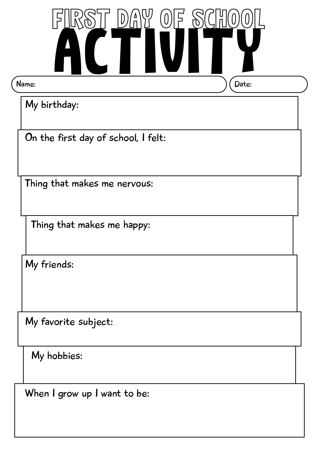 First Day Of School Activity Sheet