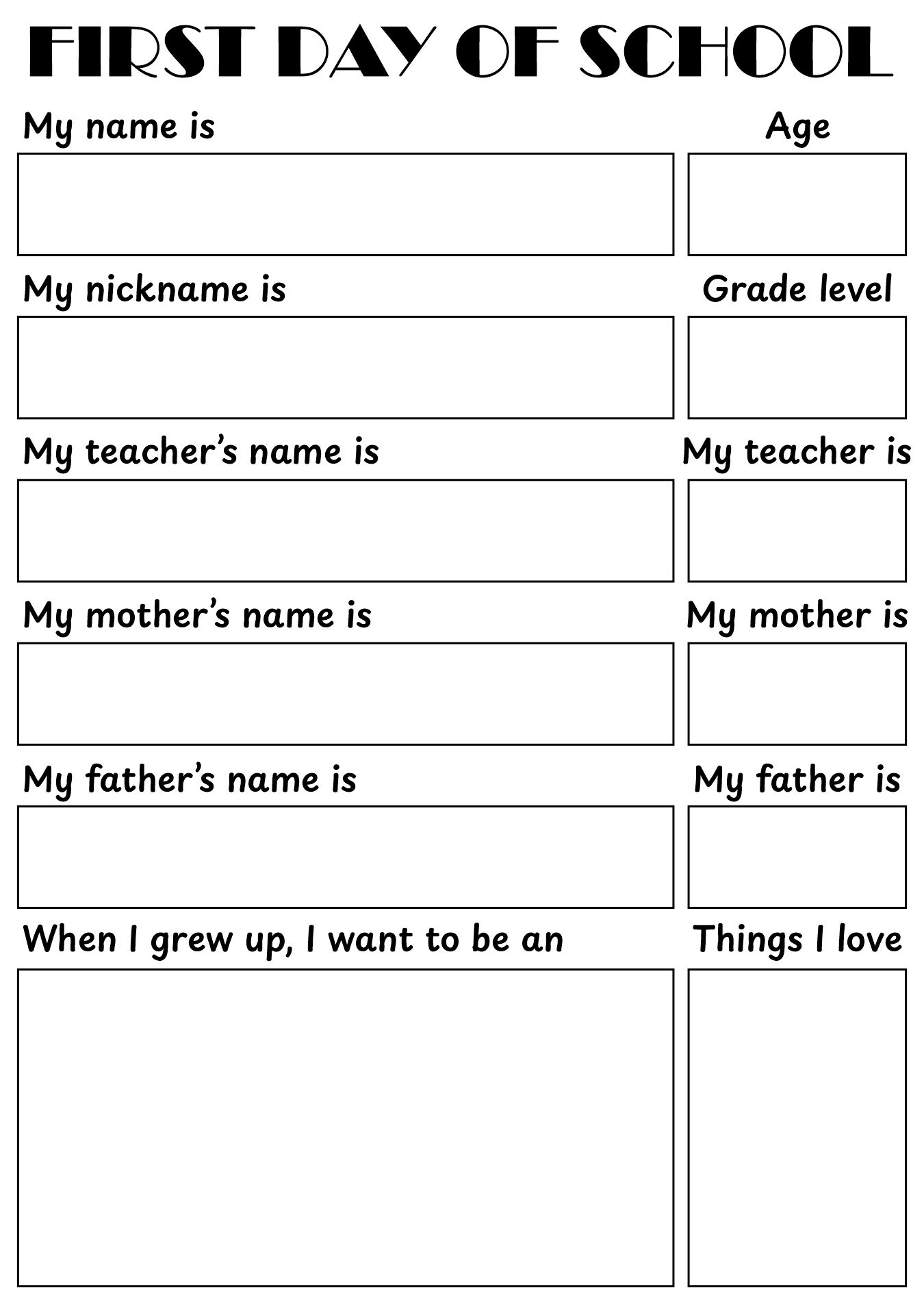 First Day of School Activity Sheets