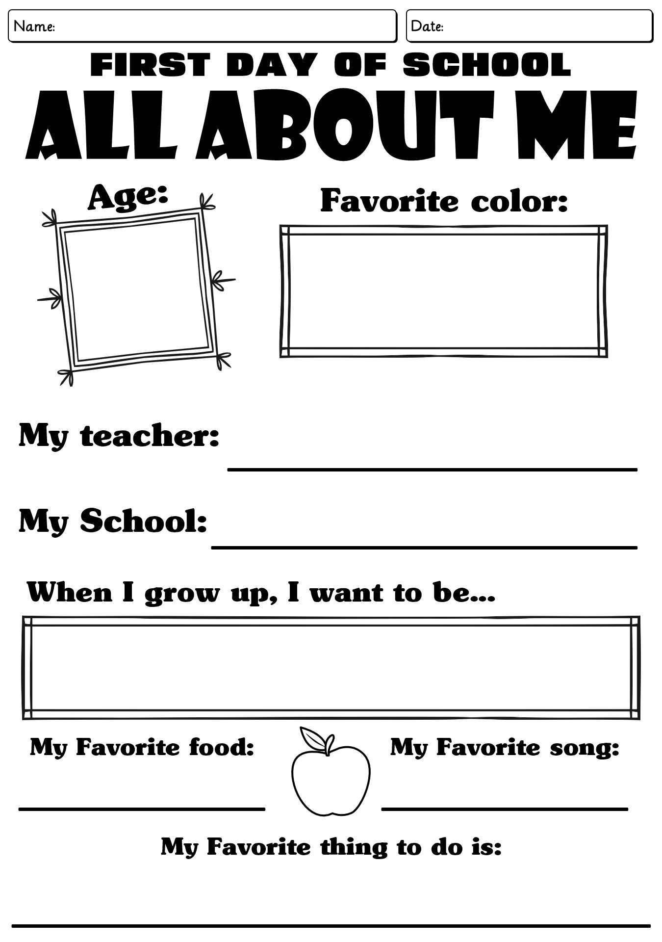First Day Of School All About Me Activity