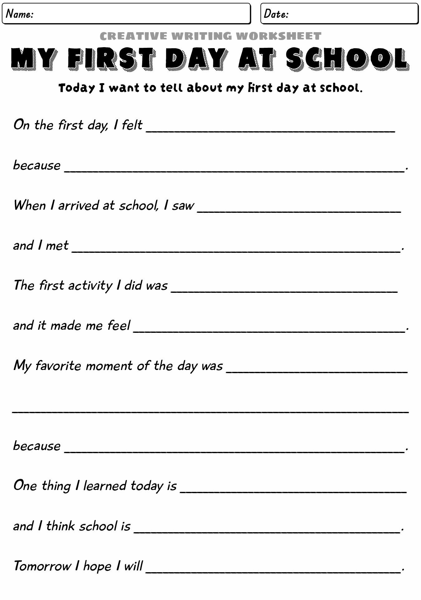 First Day Of School Creative Writing Worksheets