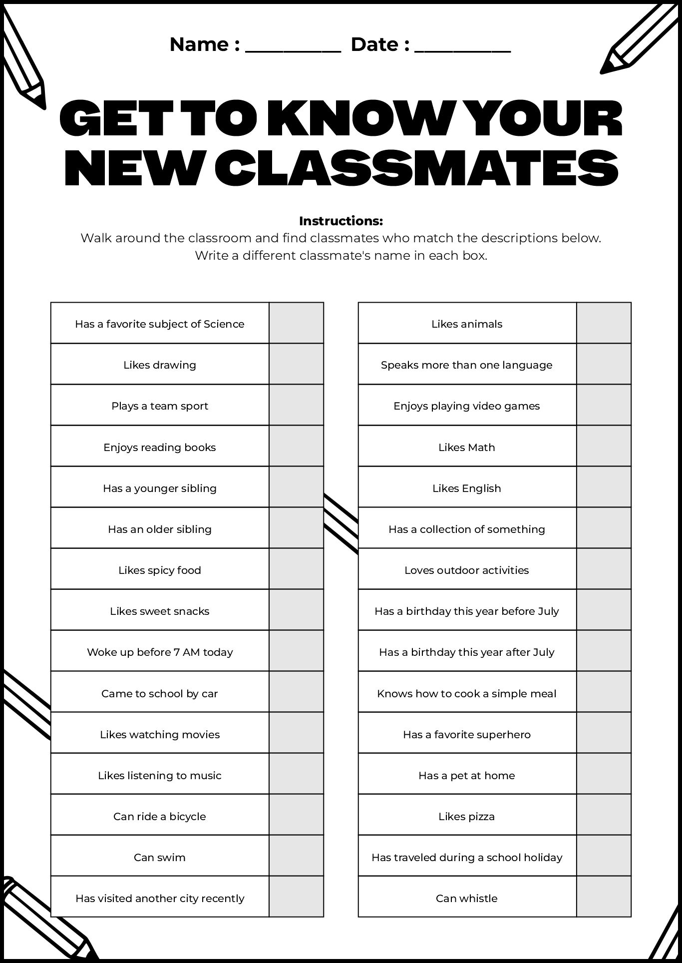 First Day of School Icebreaker Worksheet