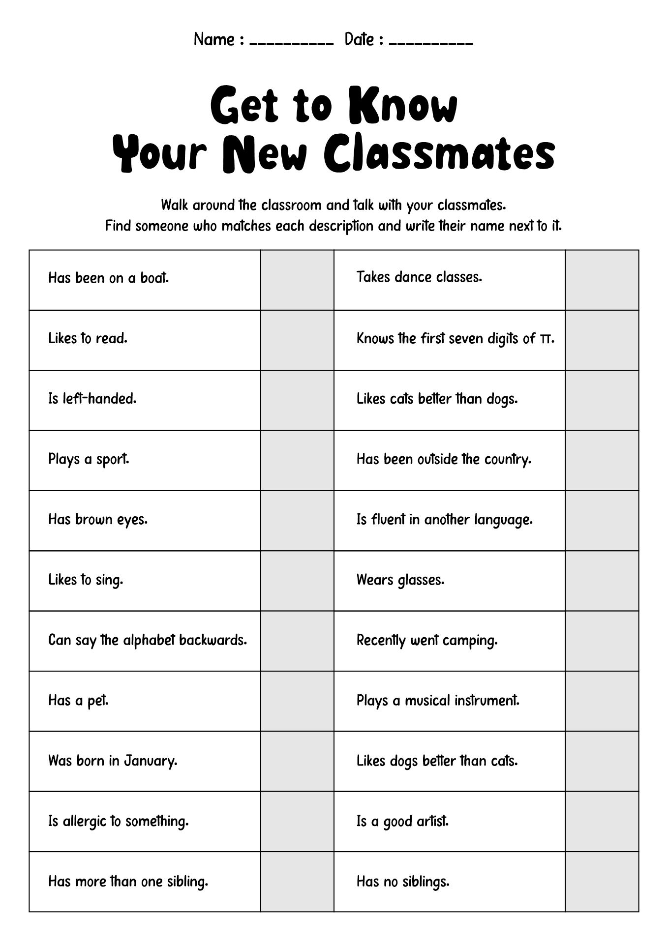 First Day of School Icebreaker Worksheets