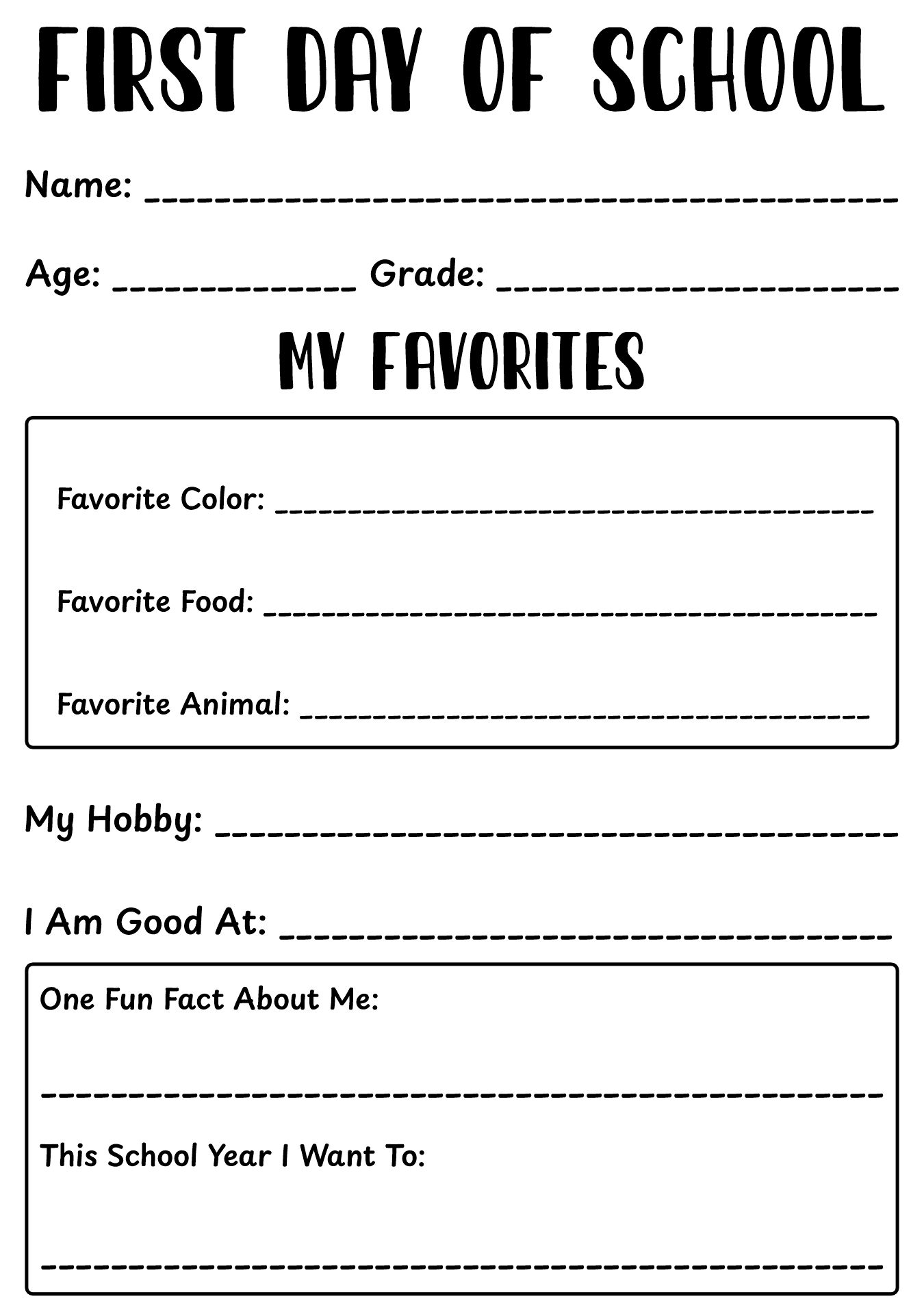 First Day of School Introduction Worksheet