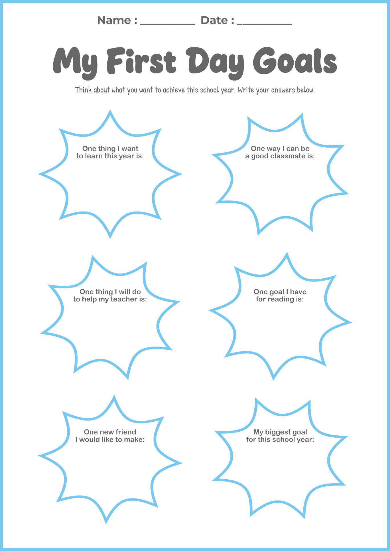 First Day of School Objectives Worksheets