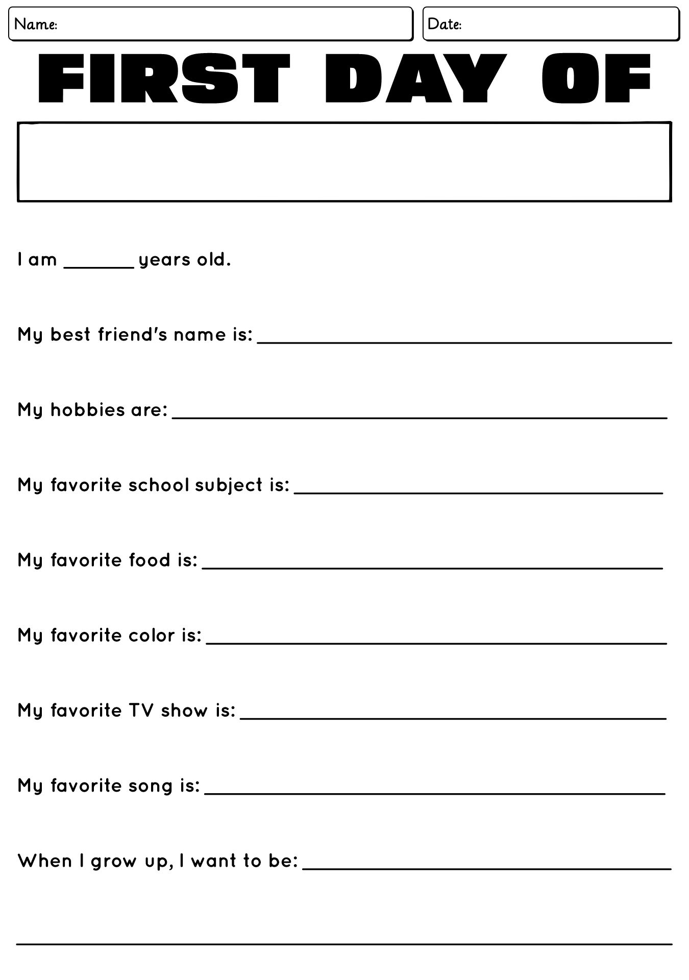 First Day Of School Questionnaire