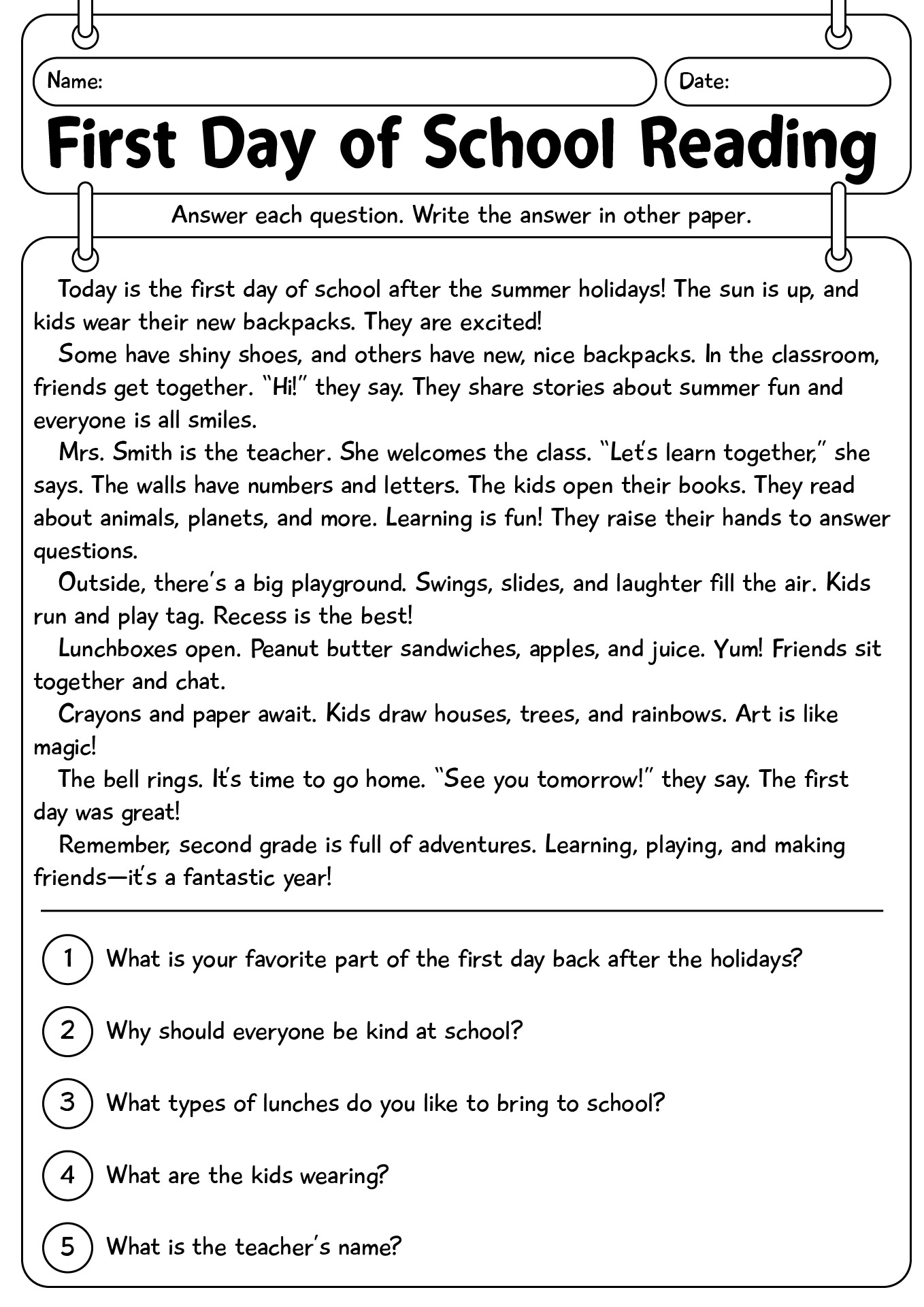 First Day Of School Reading Worksheets