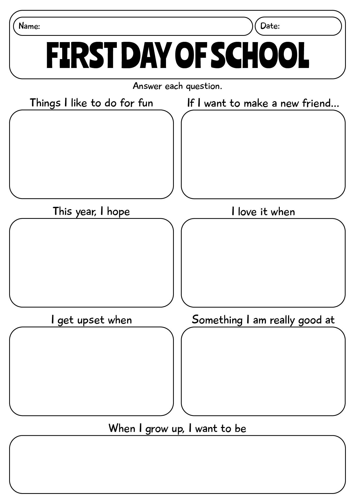 First Day Of School Worksheet For 3rd Grade