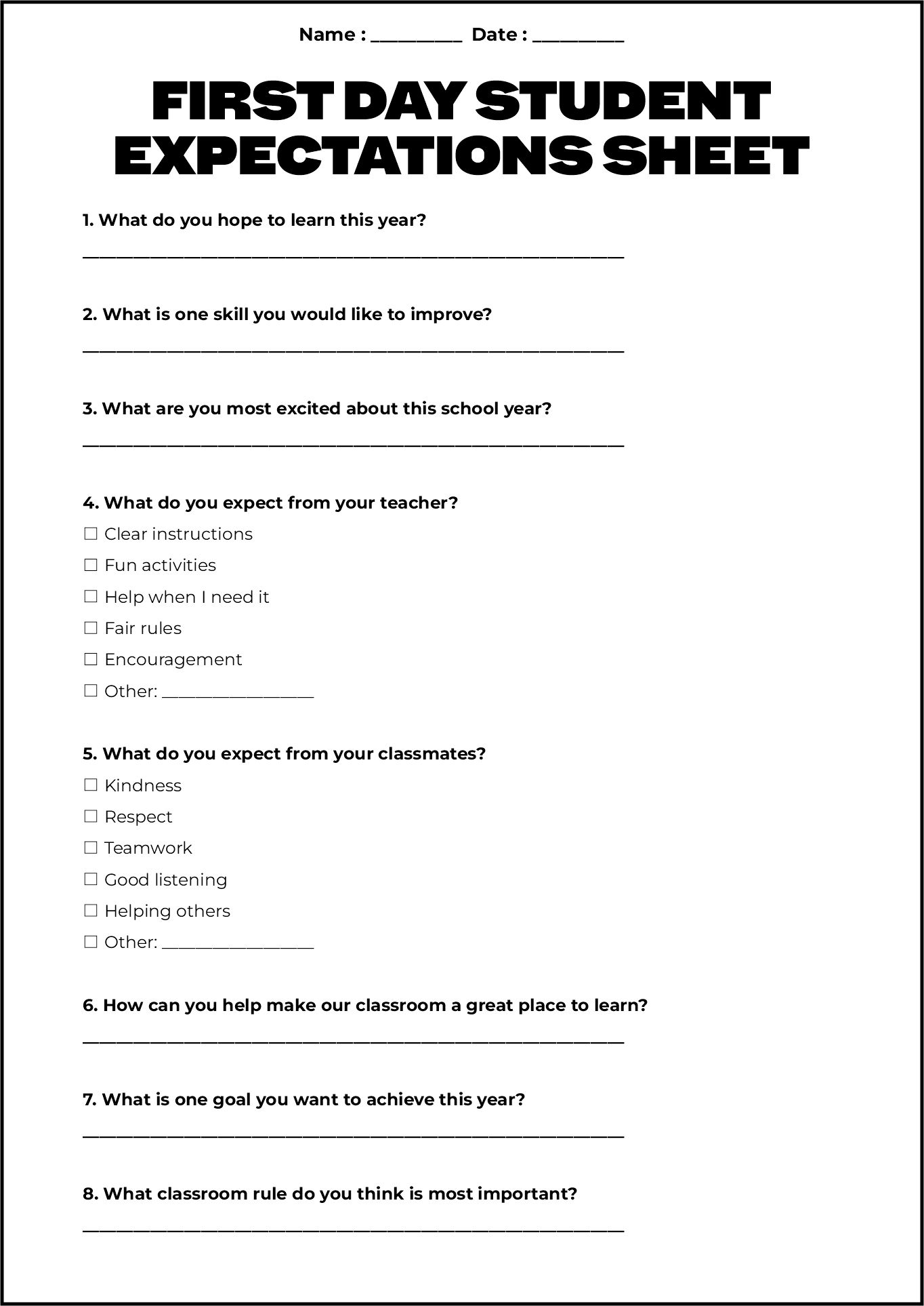 First Day Student Expectation Sheet