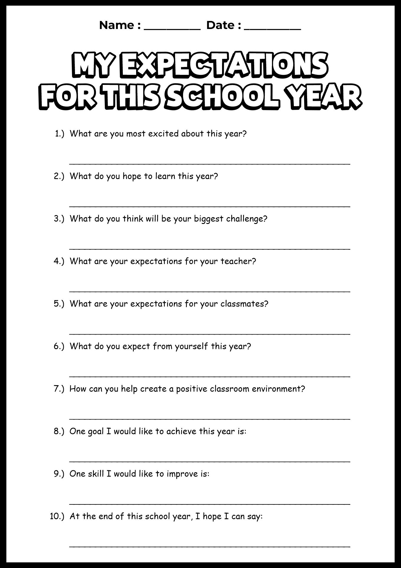 First Day Student Expectations Reflection Worksheet
