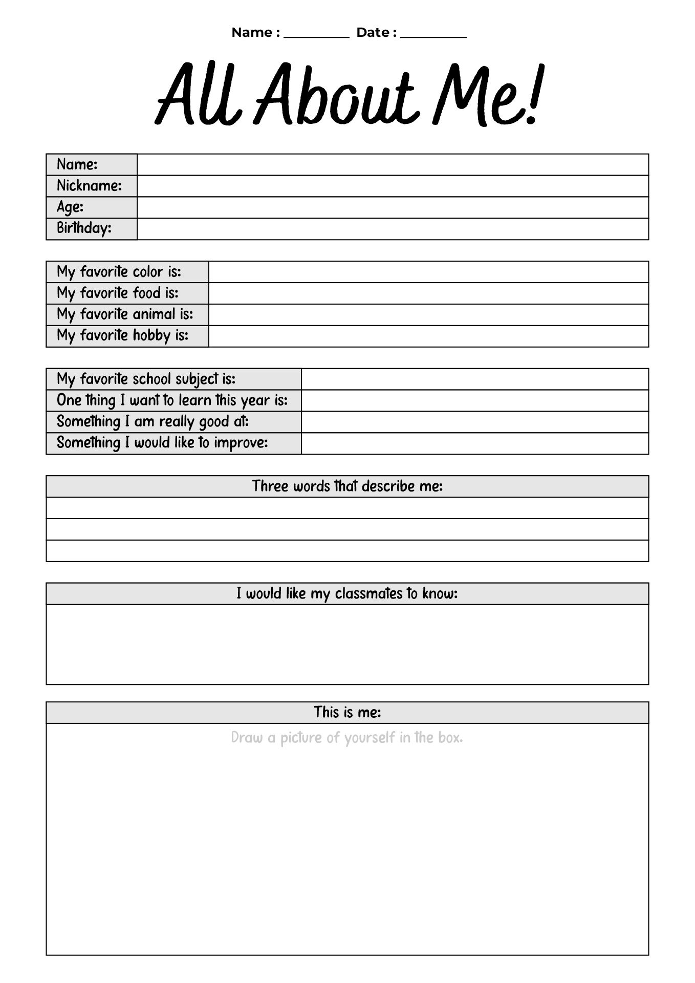 First Day Student Introduction All About Me Worksheet