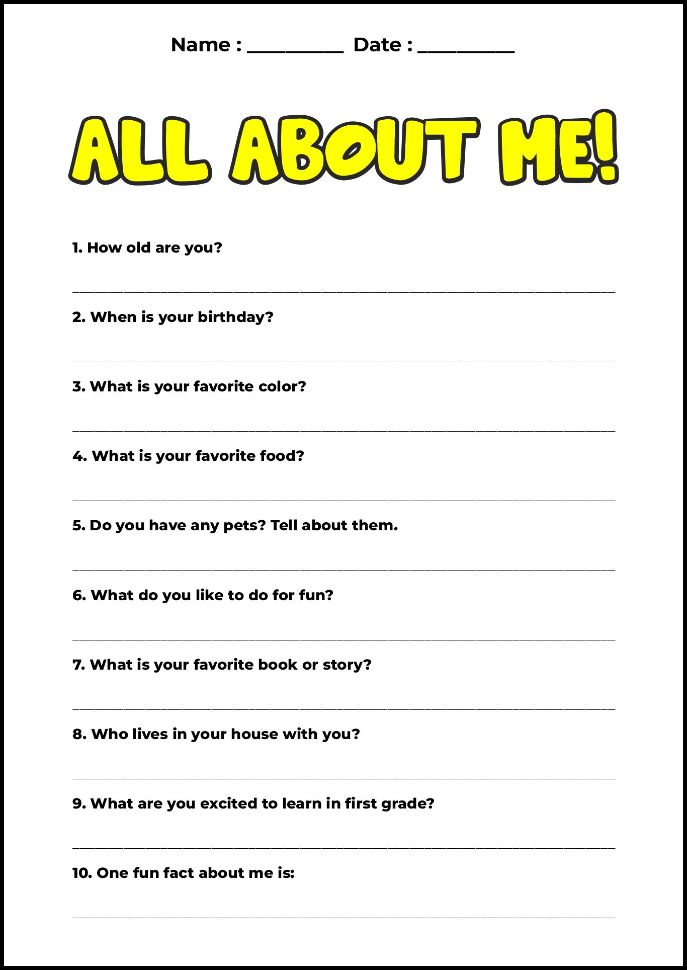 First Grade Introduction Questionnaire
