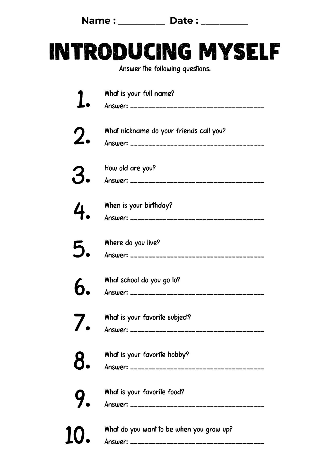 First Grade School Introduction Worksheet