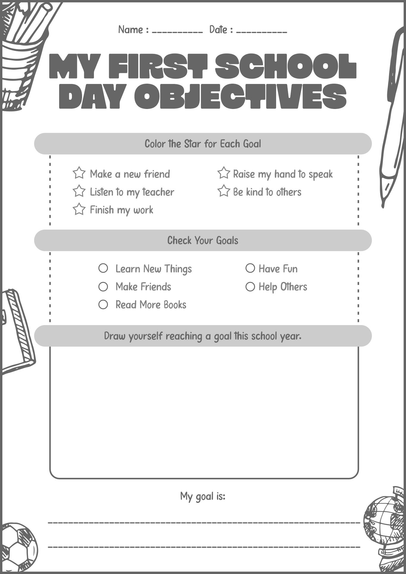 First School Day Objectives Worksheets
