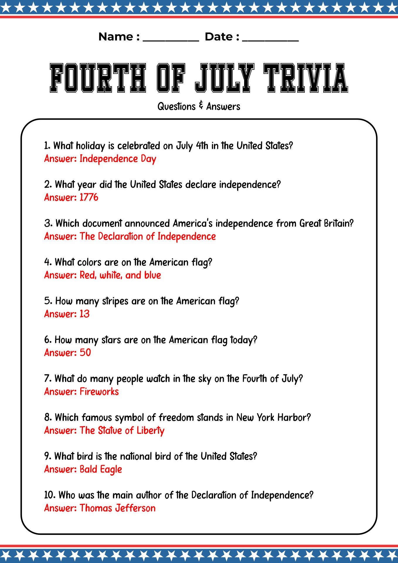 Fourth of July Trivia Questions and Answers
