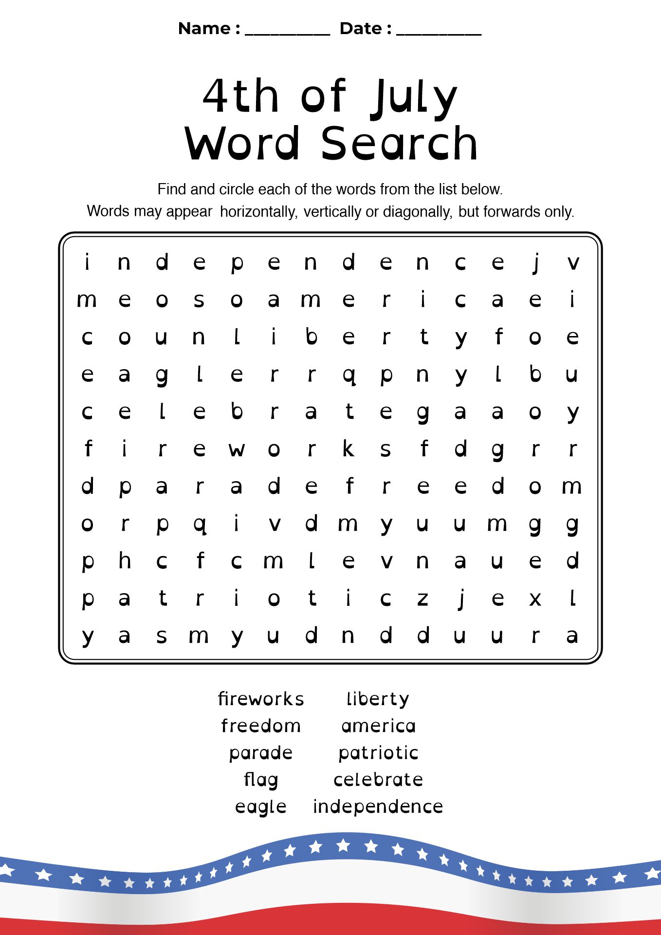 Fourth of July Word Search Activities