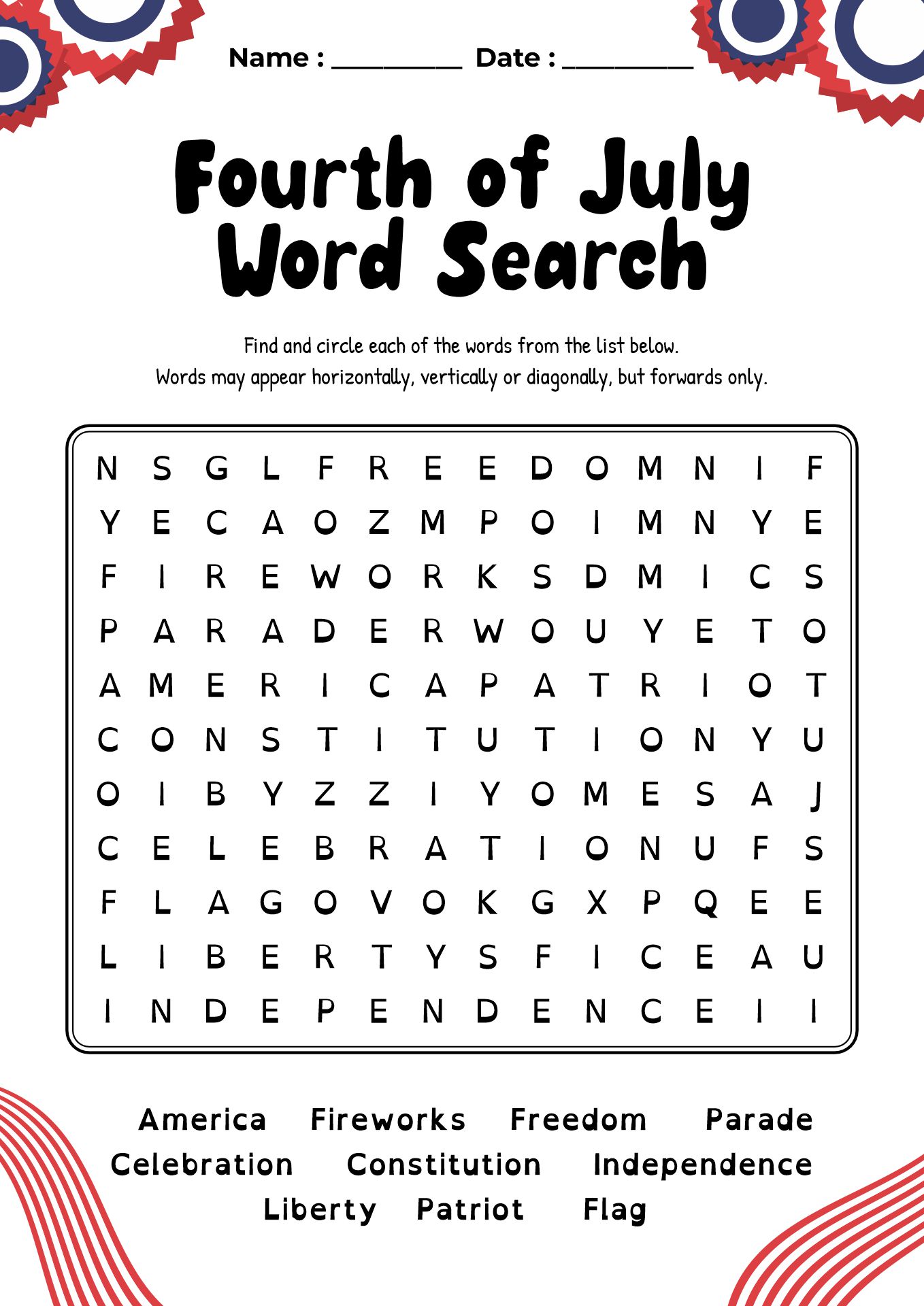 Fourth of July Word Search Puzzles
