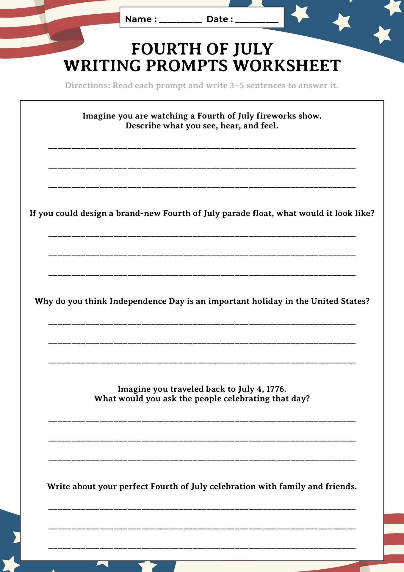 Fourth of July Writing Prompts Worksheet