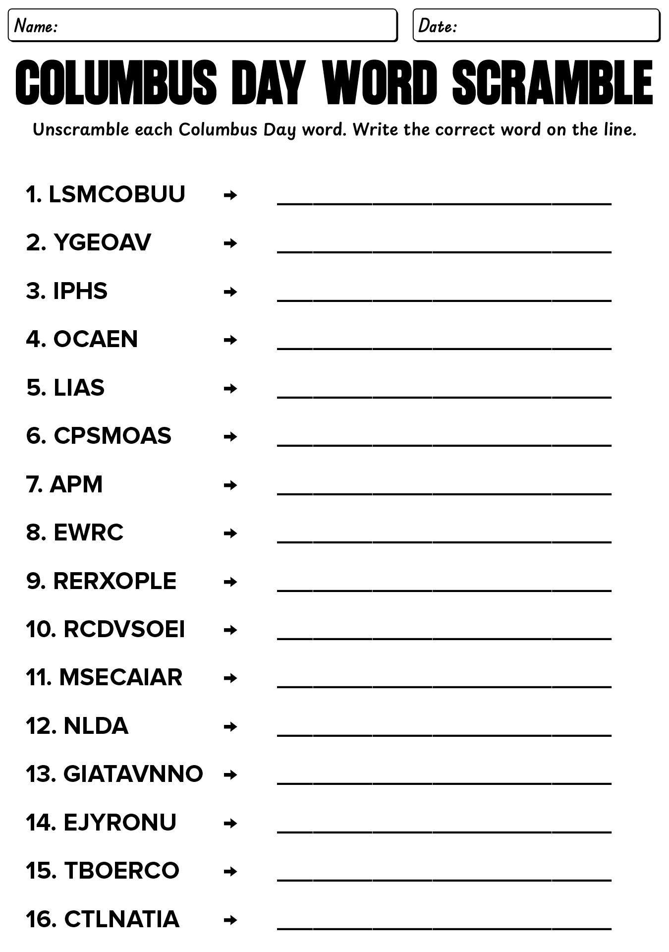 Fun Columbus Day Word Scramble Worksheets