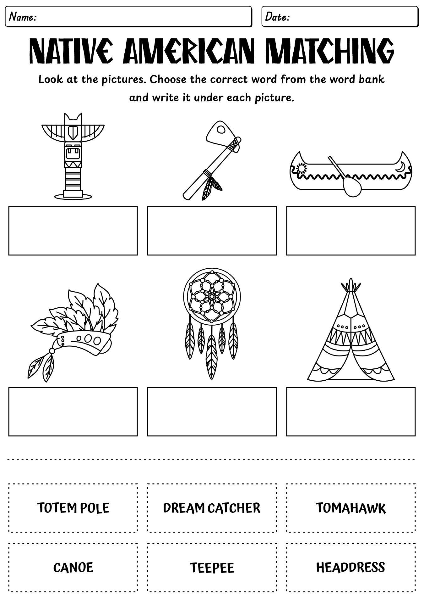 Fun Native American Matching Worksheet