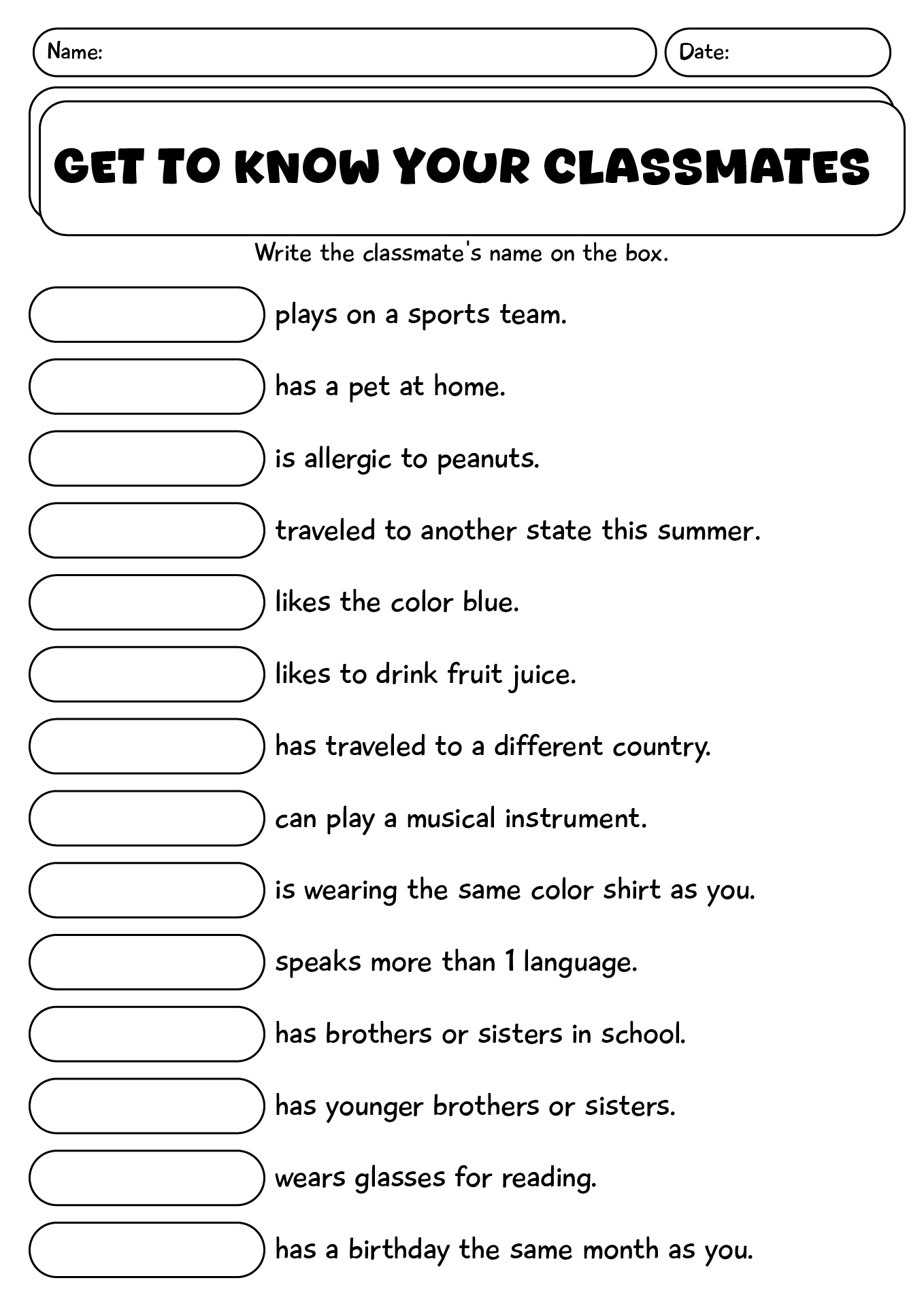 Get To Know Your Classmates Worksheet
