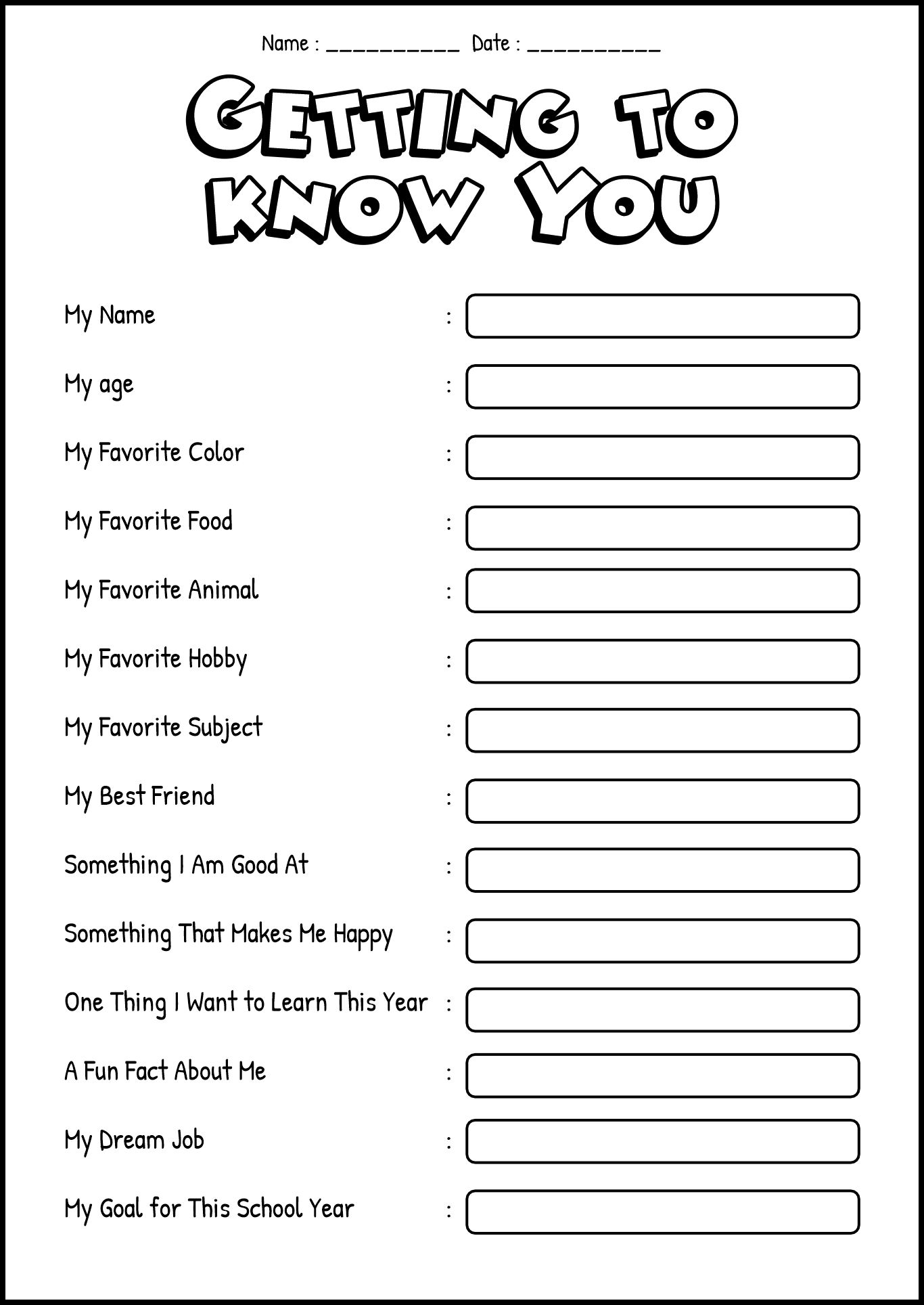 Getting to Know You Worksheet for First Day of School