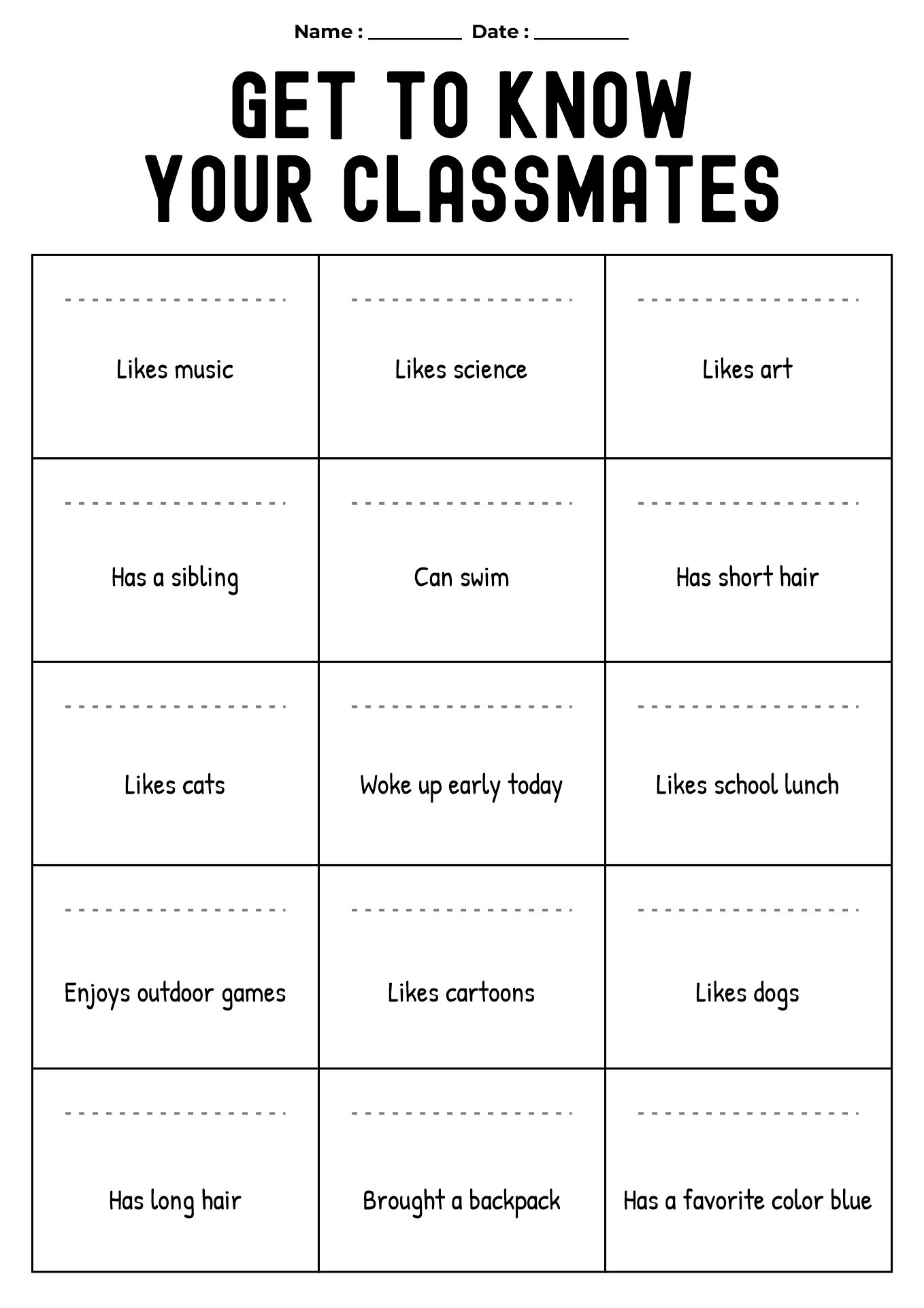 Getting to Know Your Classmates Worksheet