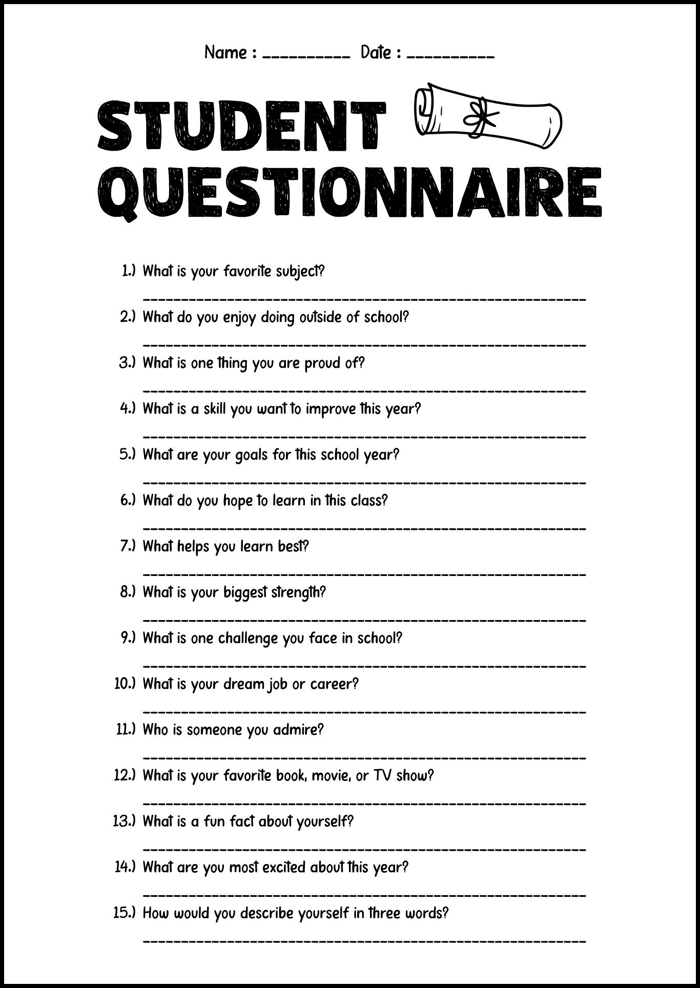 High School First Day of Class Questionnaire Worksheet