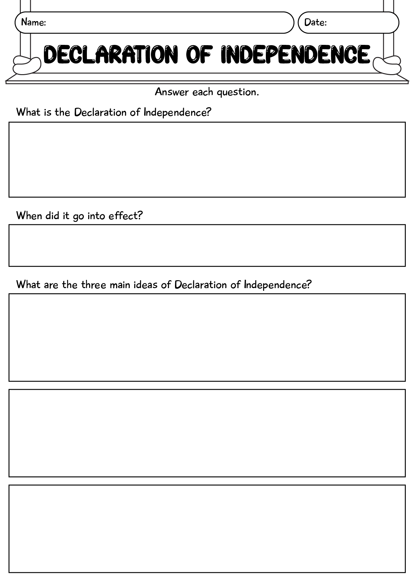 History Of Declaration Of Independence Worksheet